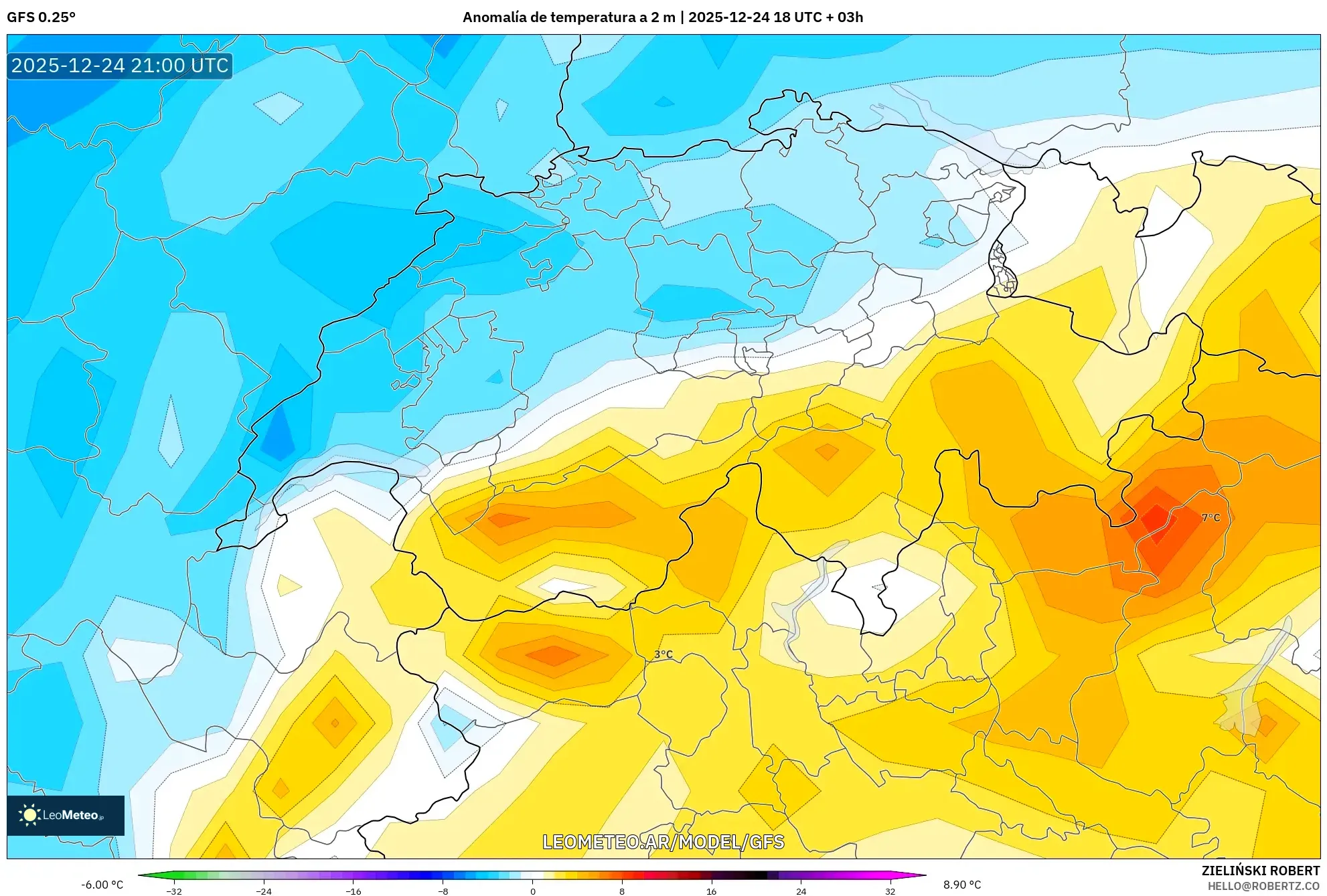 GFS model - Szwajcaria, Anomalia temperatury na 2 m