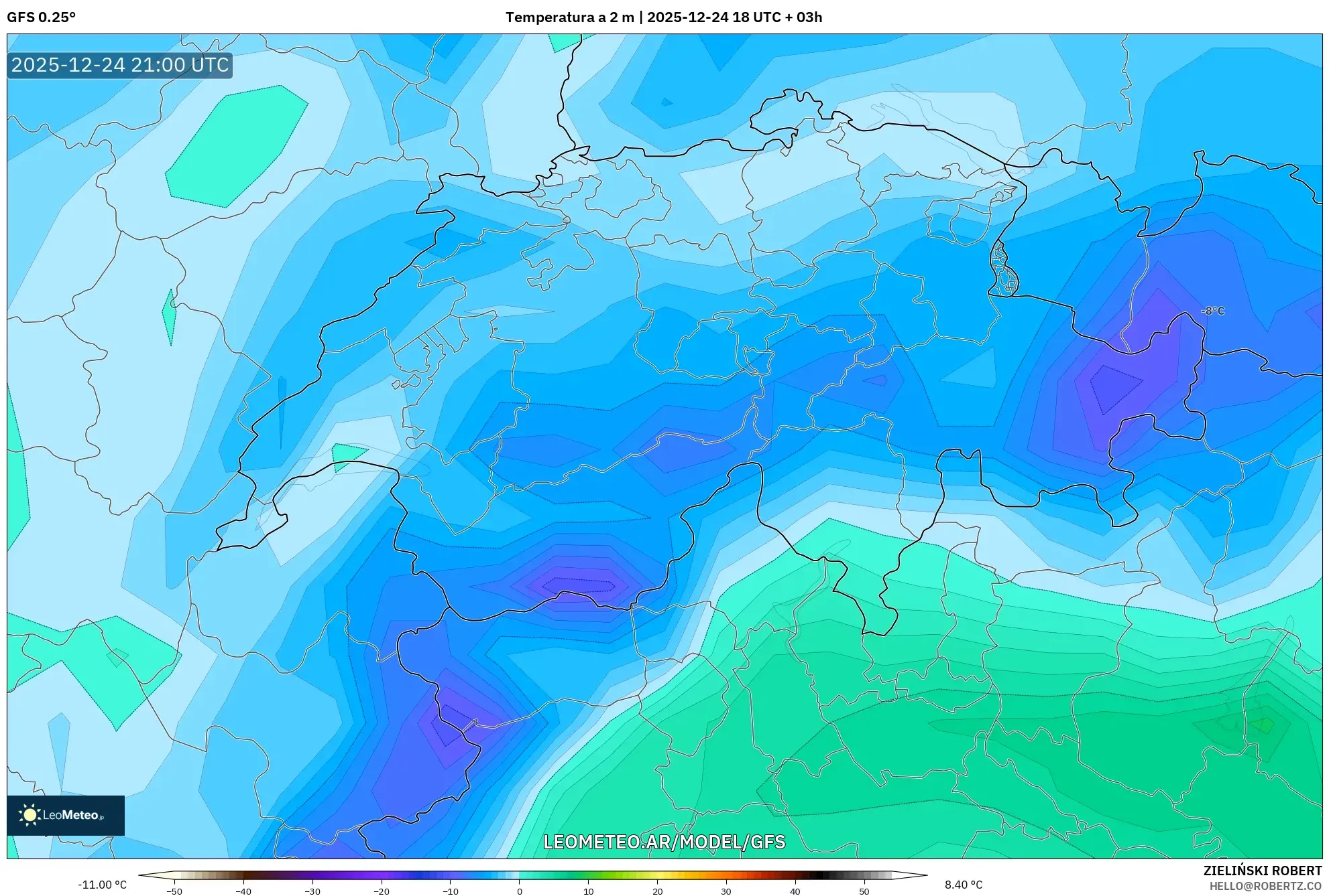 GFS model - Szwajcaria, Temperatura na 2 m
