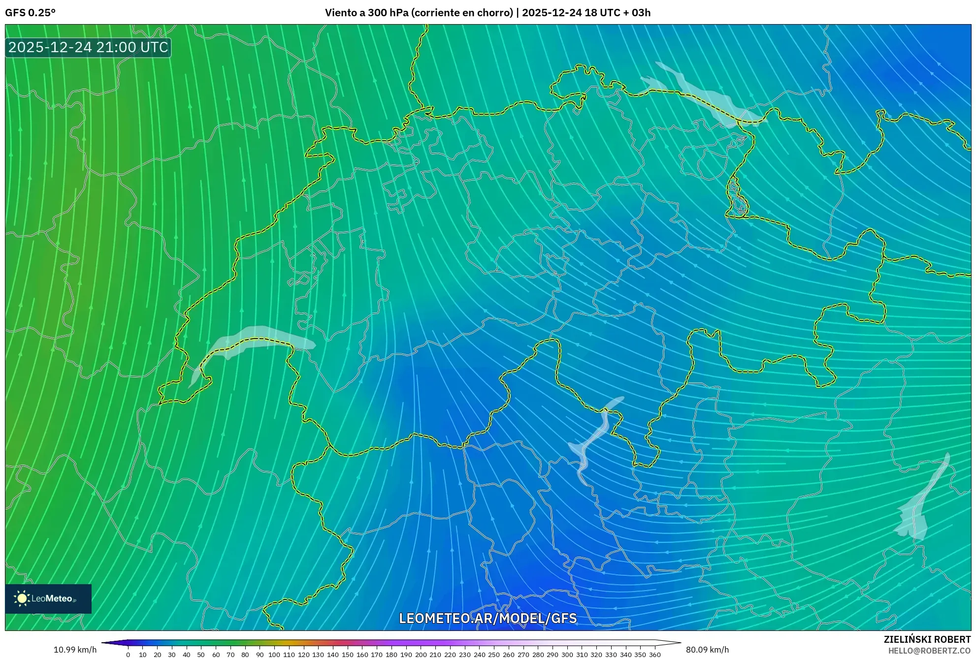 GFS model - Szwajcaria, Wiatr na 300 hPa (prąd strumieniowy)