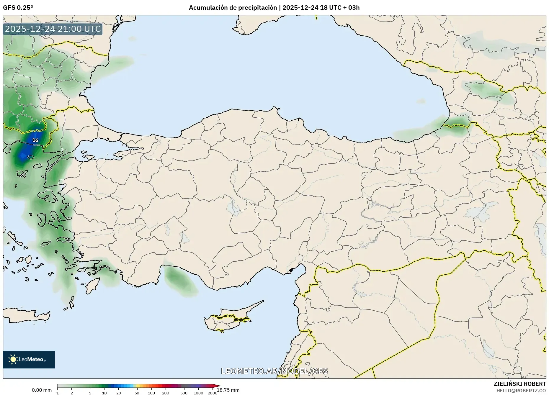 GFS model - Turcja, Suma opadów