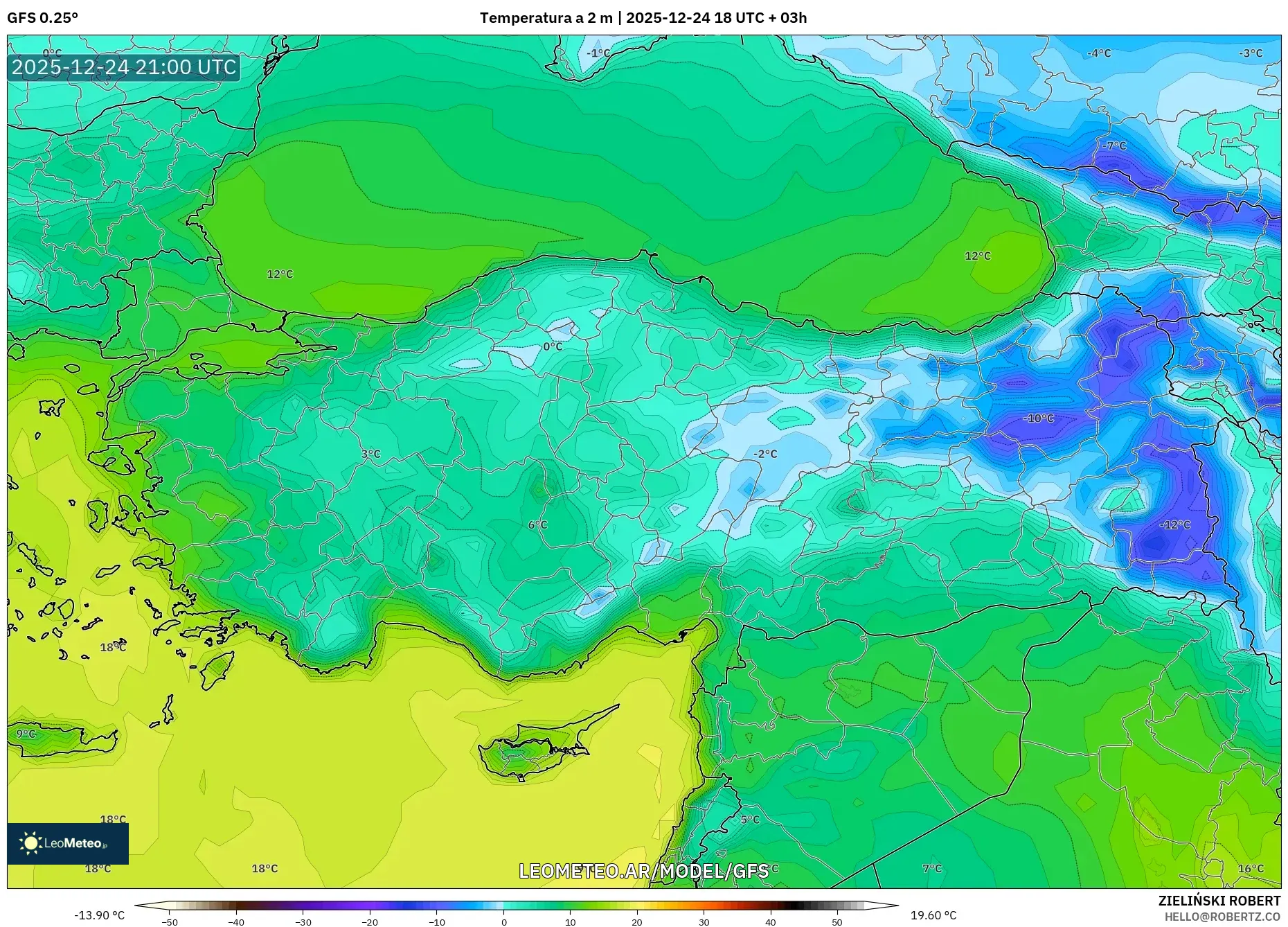 GFS model - Turcja, Temperatura na 2 m