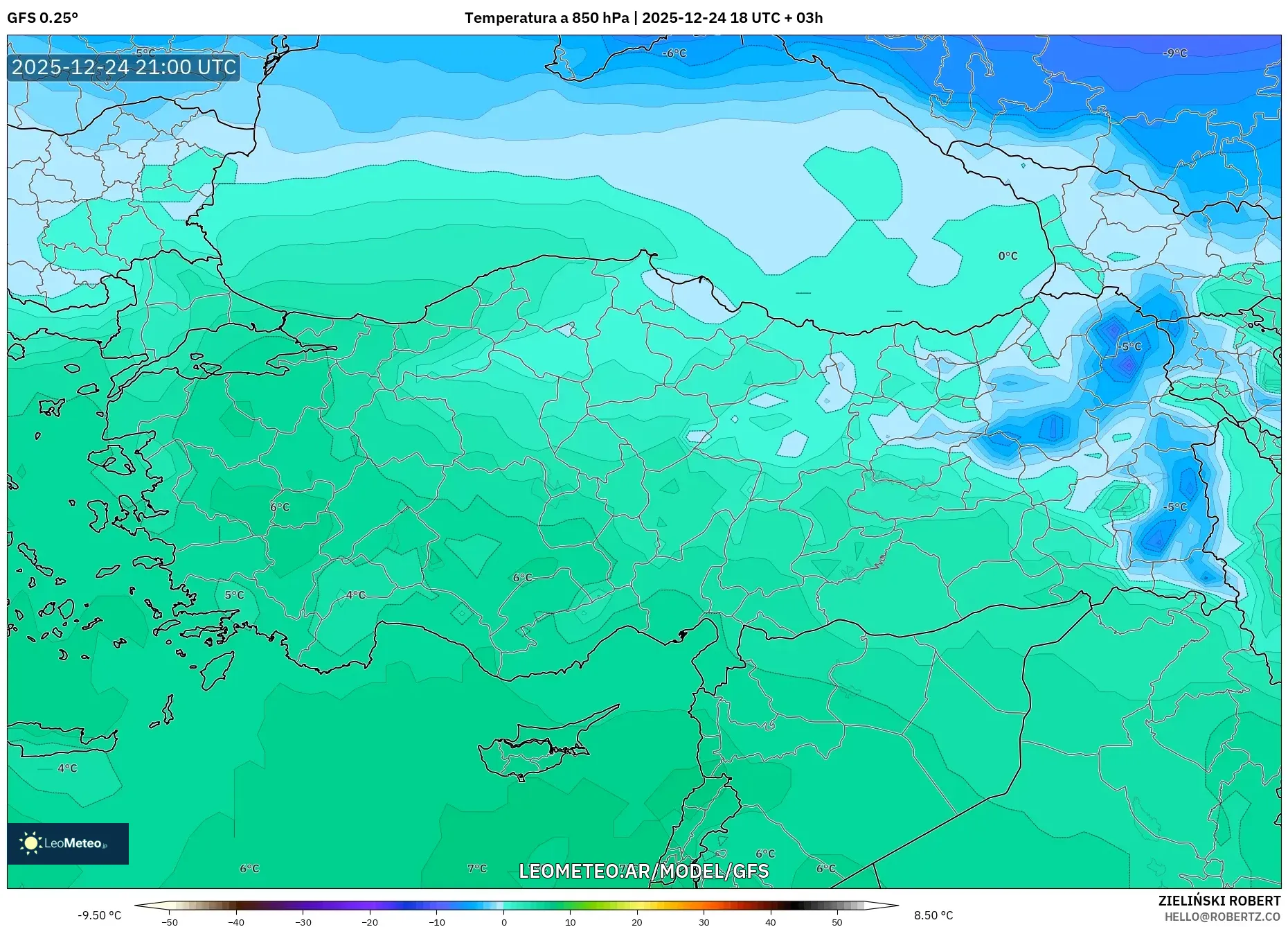 GFS model - Turcja, Temperatura na 850 hPa