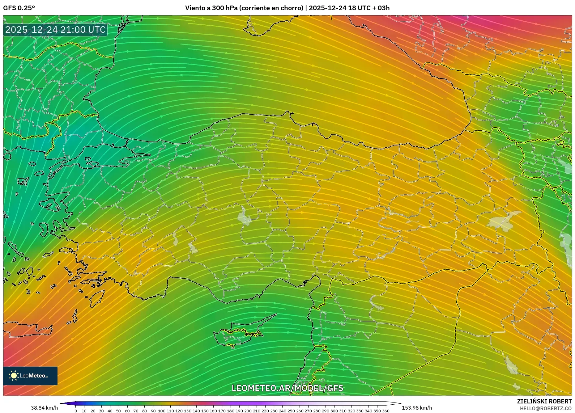 GFS model - Turcja, Wiatr na 300 hPa (prąd strumieniowy)