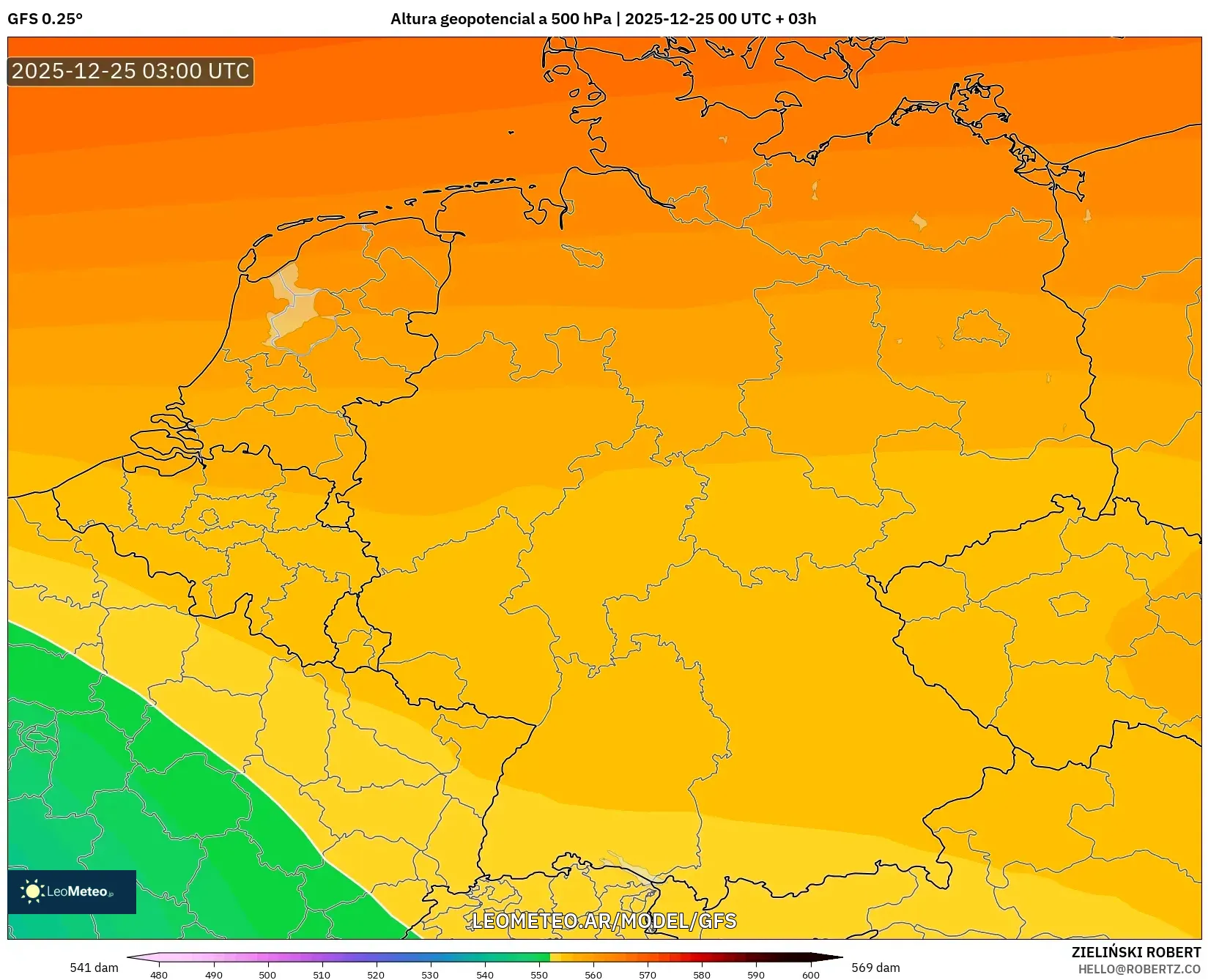 GFS model - Niemcy, Wysokość geopotencjalna na poziomie 500 hPa