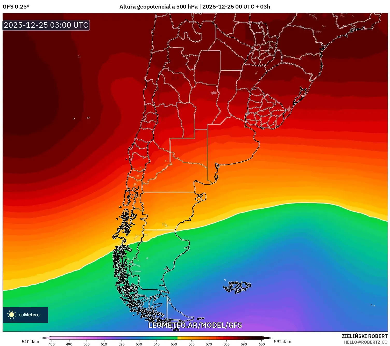 GFS model - Argentyna, Wysokość geopotencjalna na poziomie 500 hPa