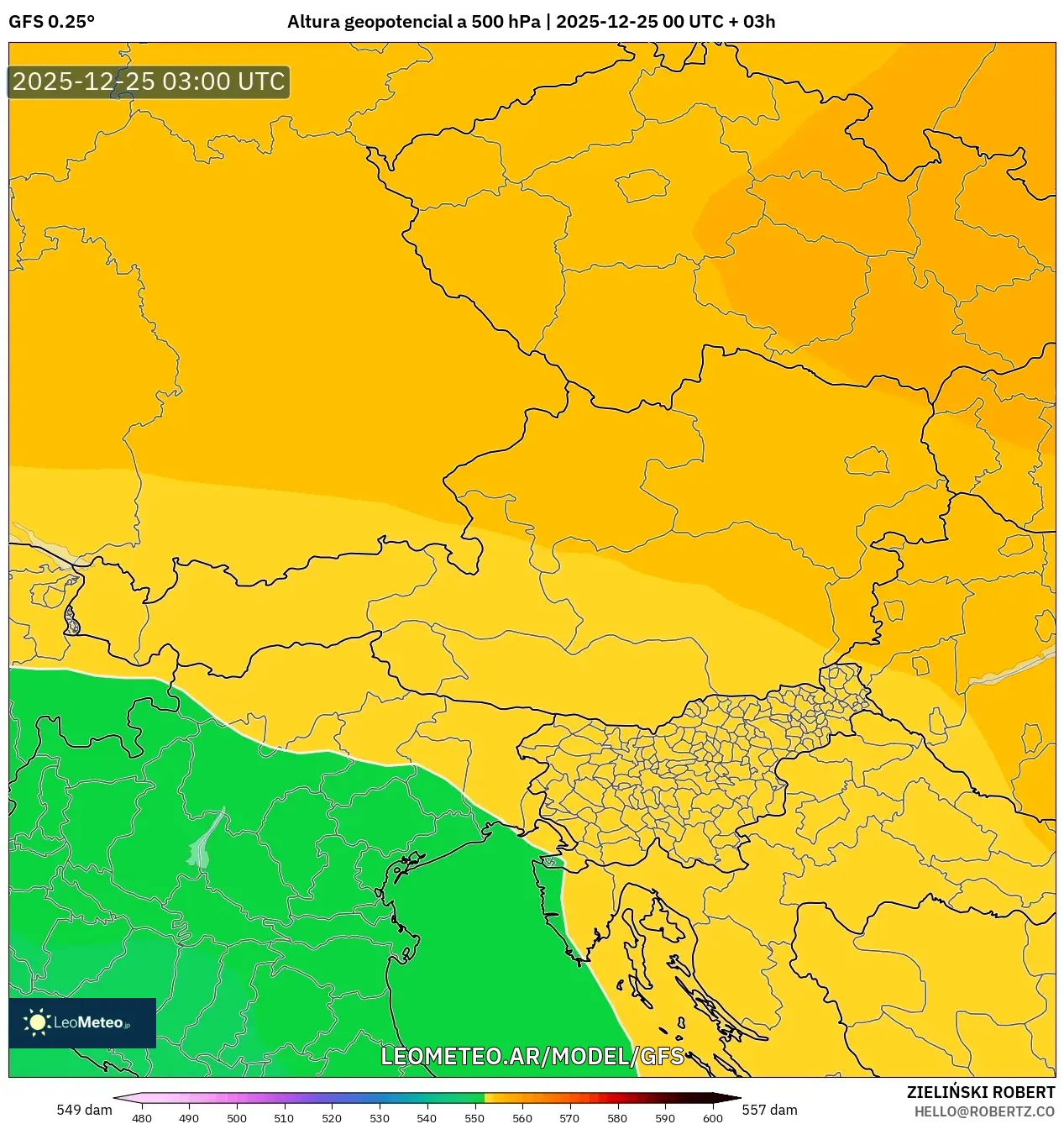 GFS model - Austria, Wysokość geopotencjalna na poziomie 500 hPa
