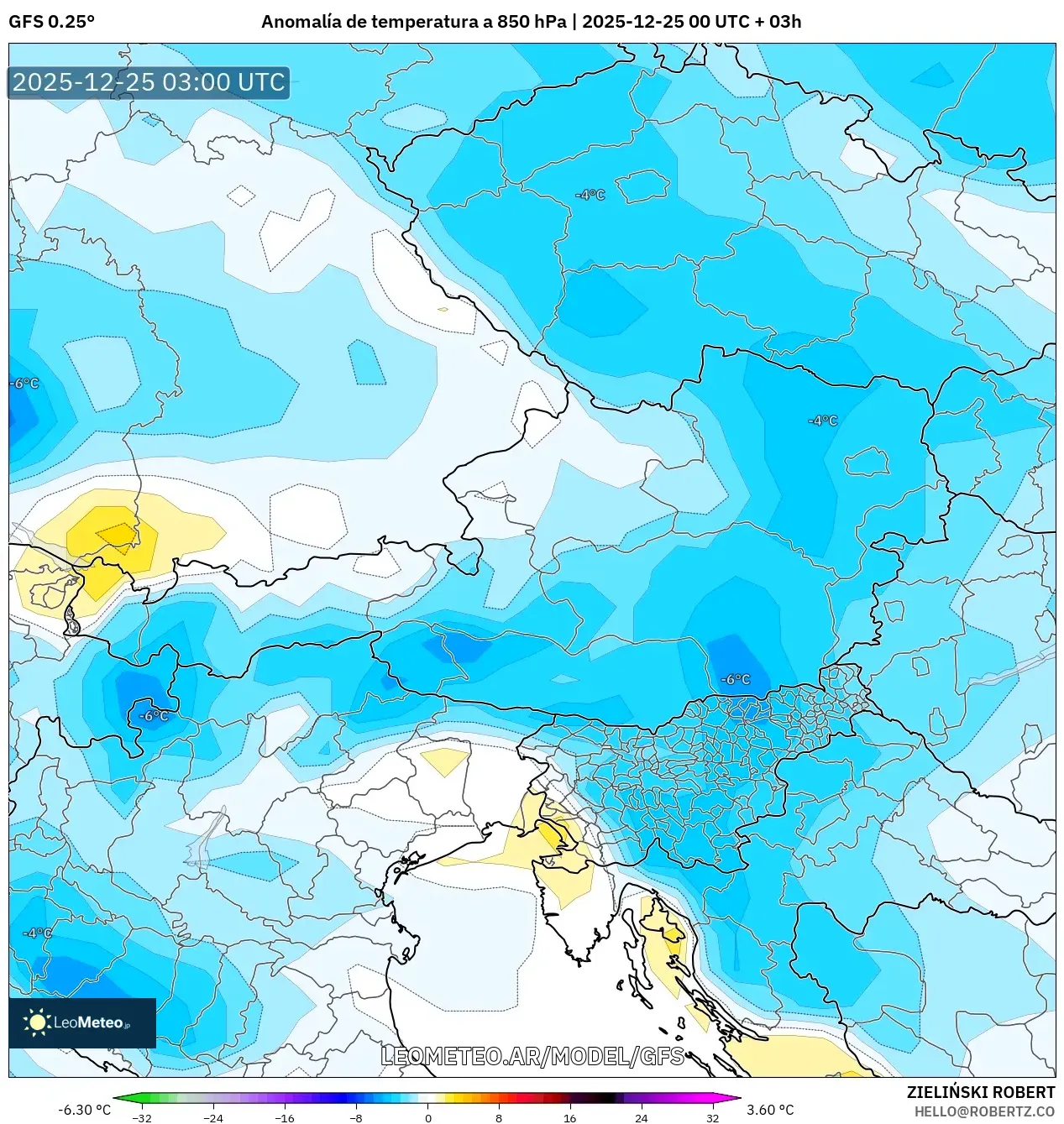 GFS model - Austria, Anomalia temperatury na 850 hPa