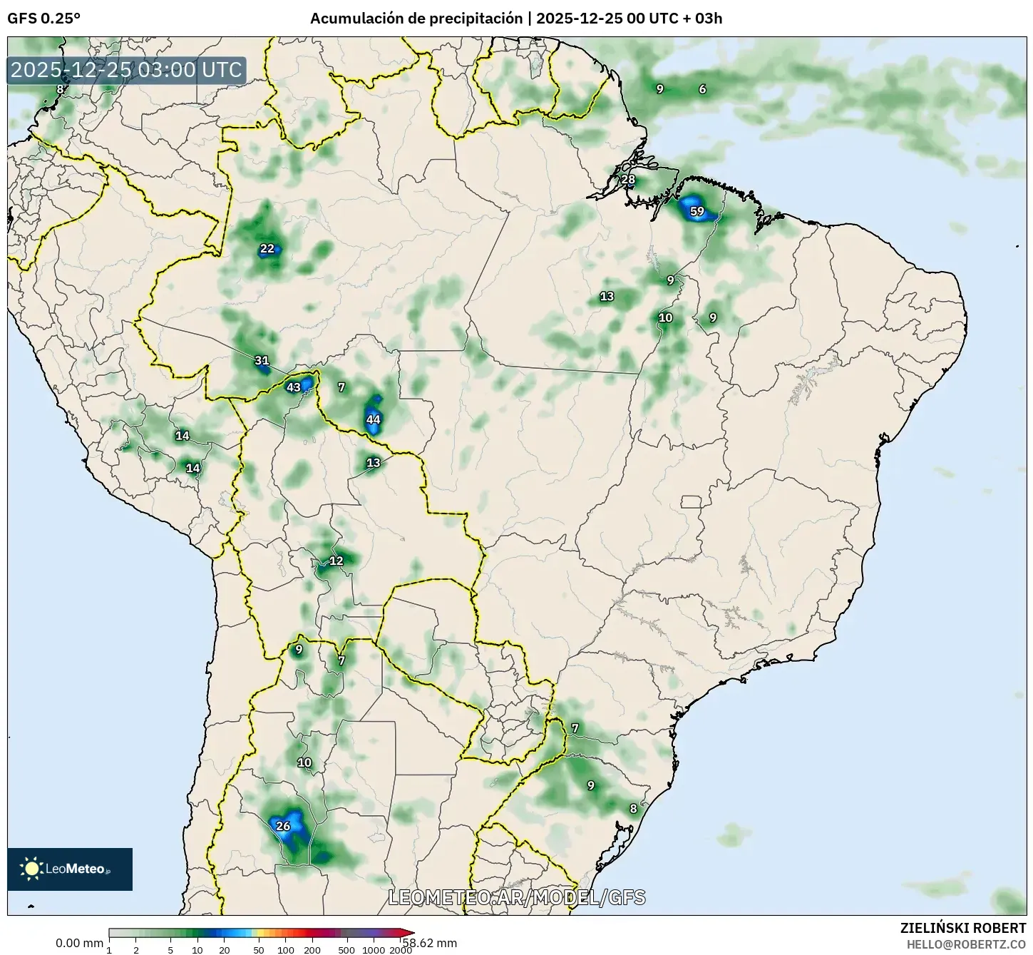 GFS model - Brazylia, Suma opadów