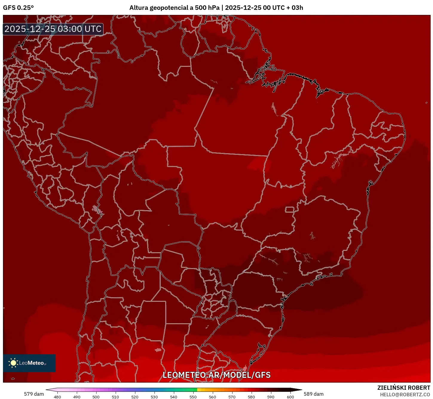 GFS model - Brazylia, Wysokość geopotencjalna na poziomie 500 hPa
