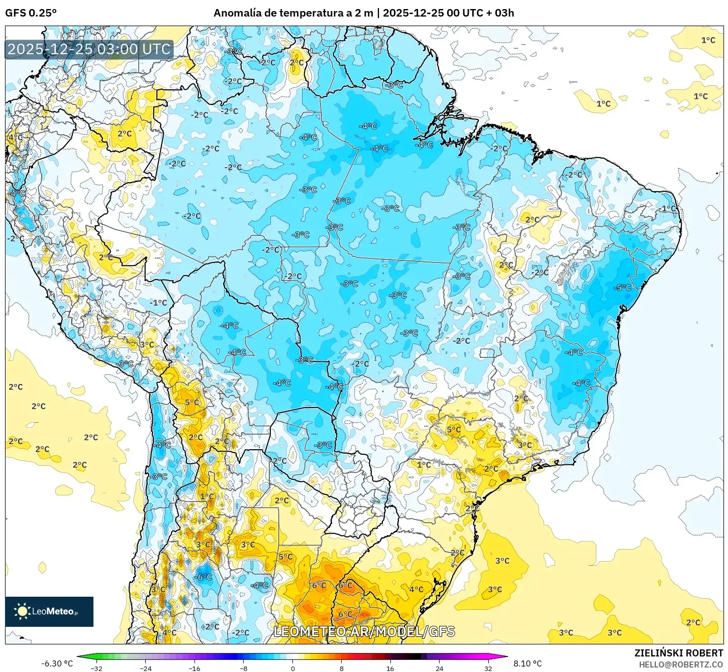 GFS model - Brazylia, Anomalia temperatury na 2 m