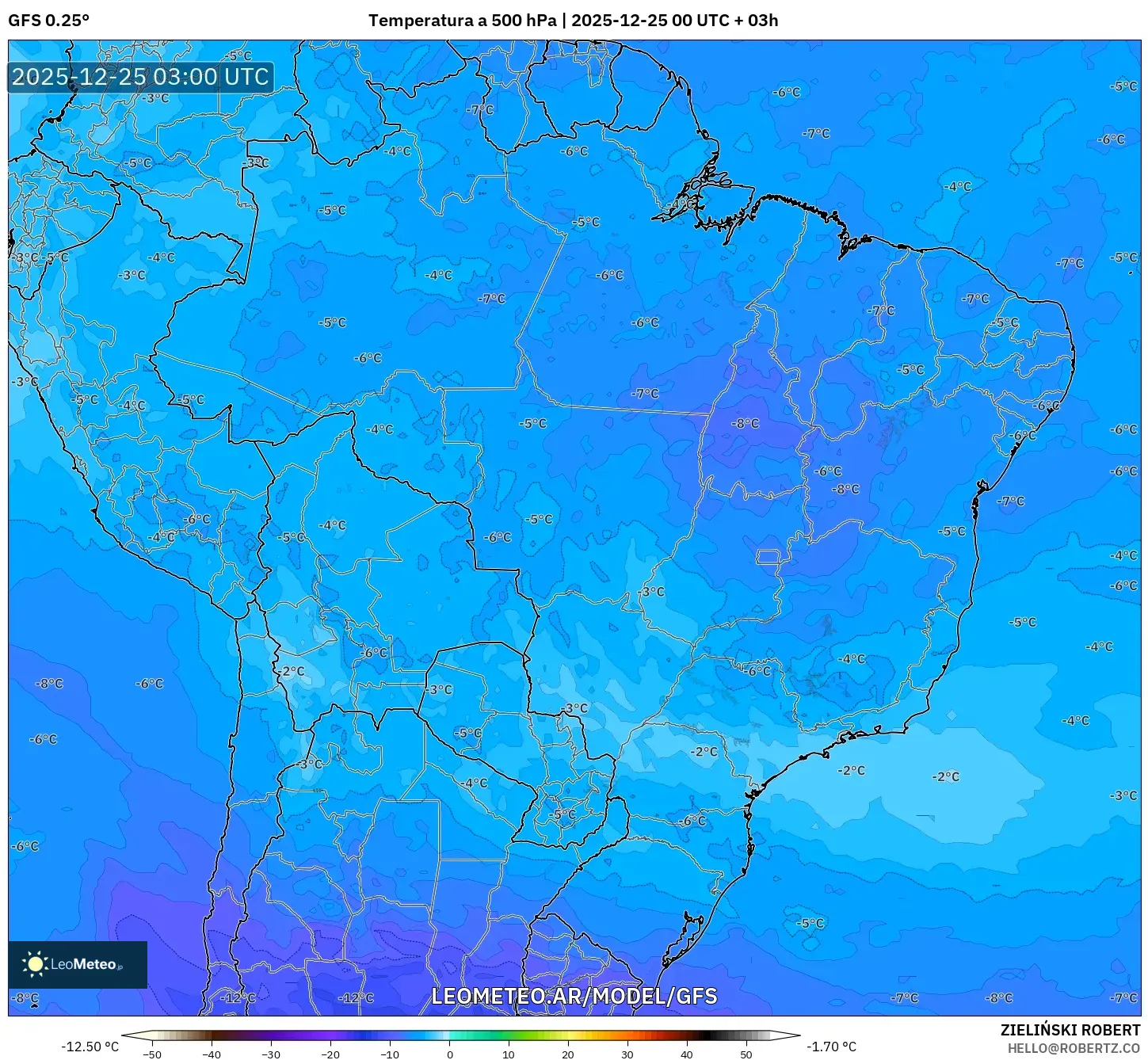 GFS model - Brazylia, Temperatura na 500 hPa