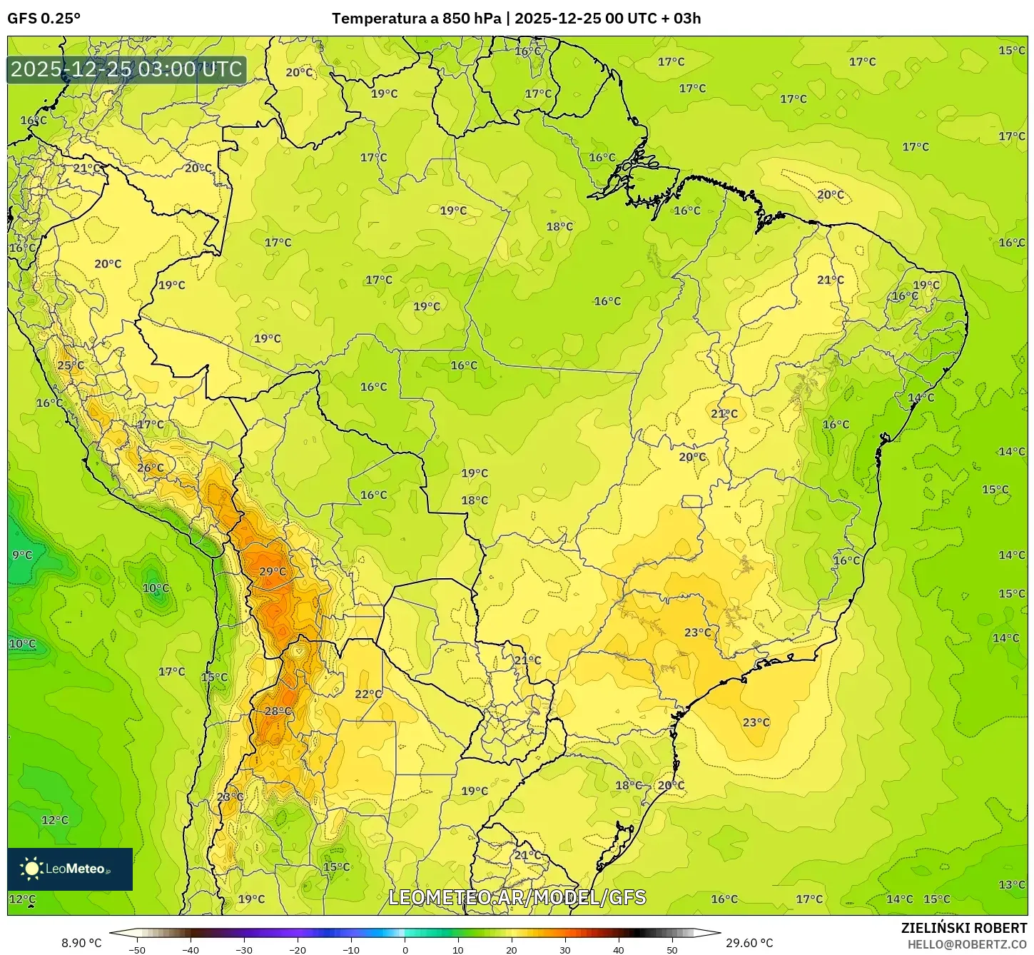 GFS model - Brazylia, Temperatura na 850 hPa