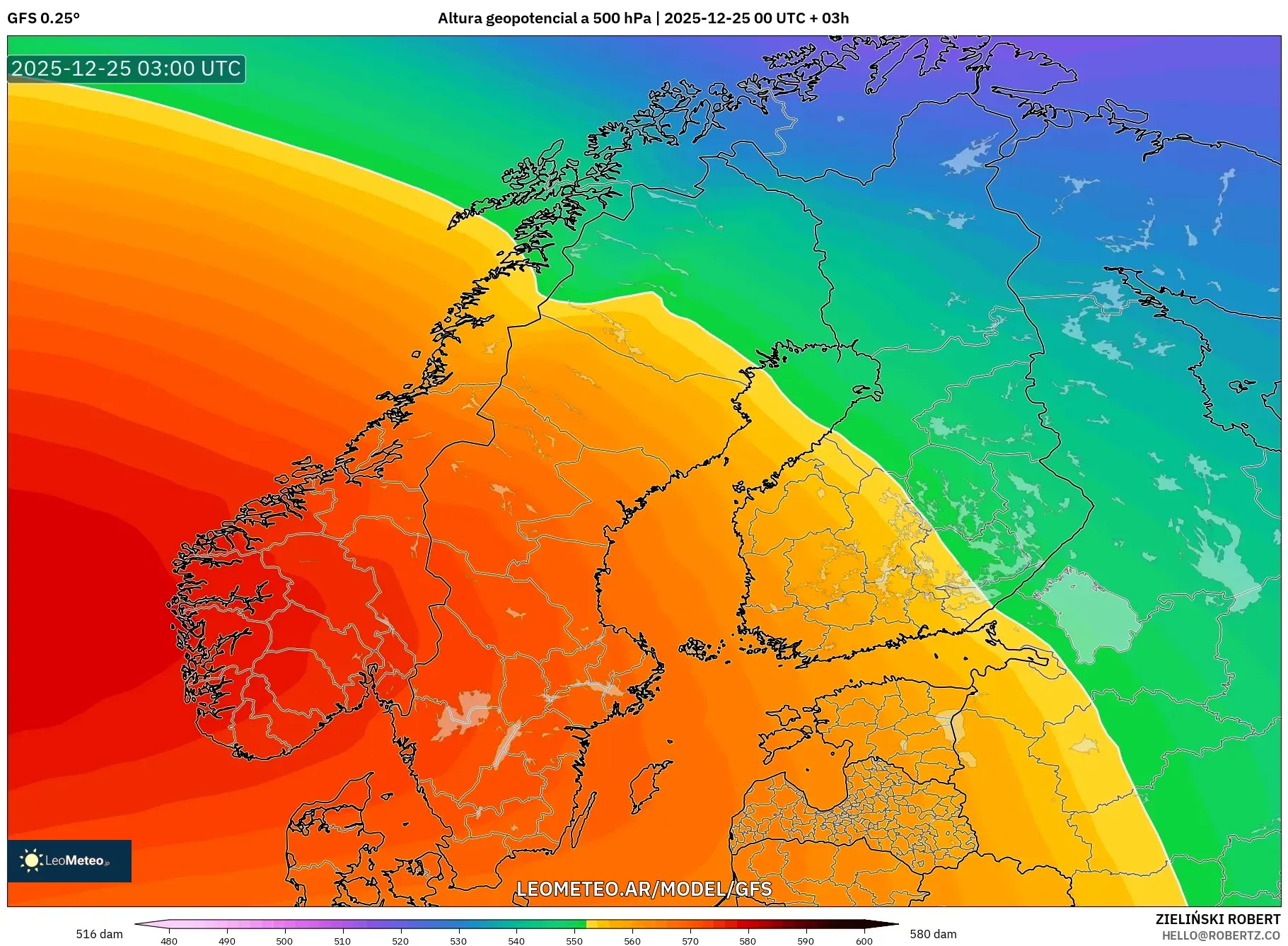 GFS model - Skandynawia, Wysokość geopotencjalna na poziomie 500 hPa