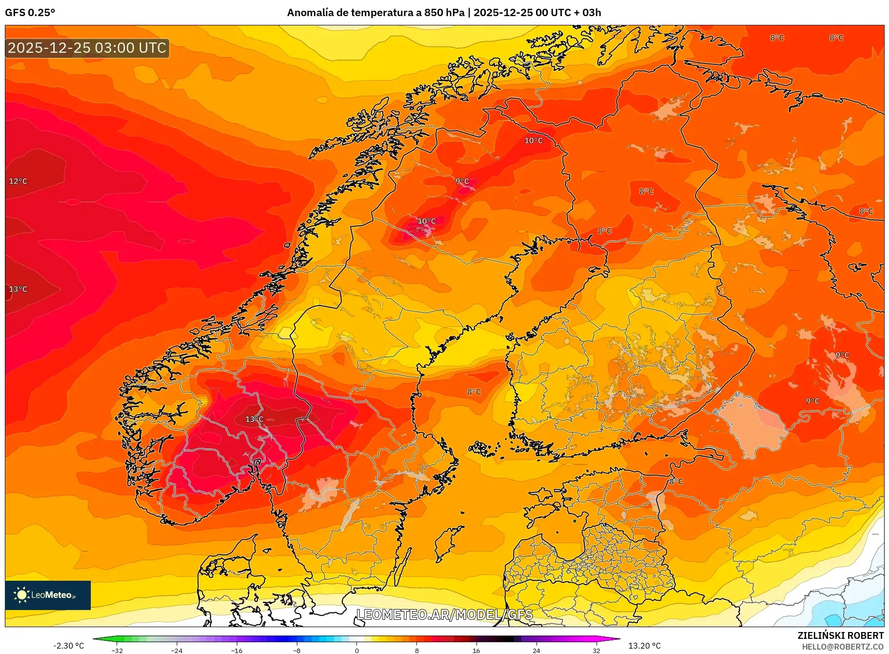 GFS model - Skandynawia, Anomalia temperatury na 850 hPa