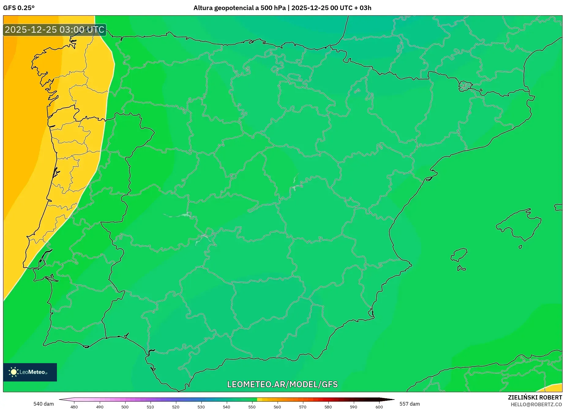 GFS model - Hiszpania, Wysokość geopotencjalna na poziomie 500 hPa