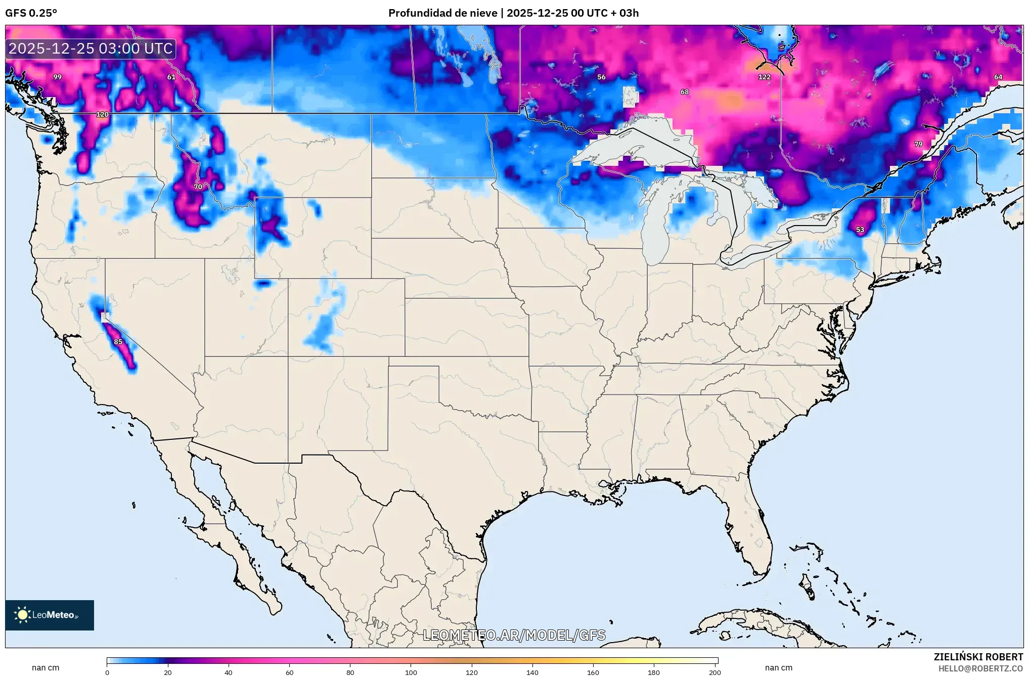GFS model - Stany Zjednoczone, Pokrywa śnieżna