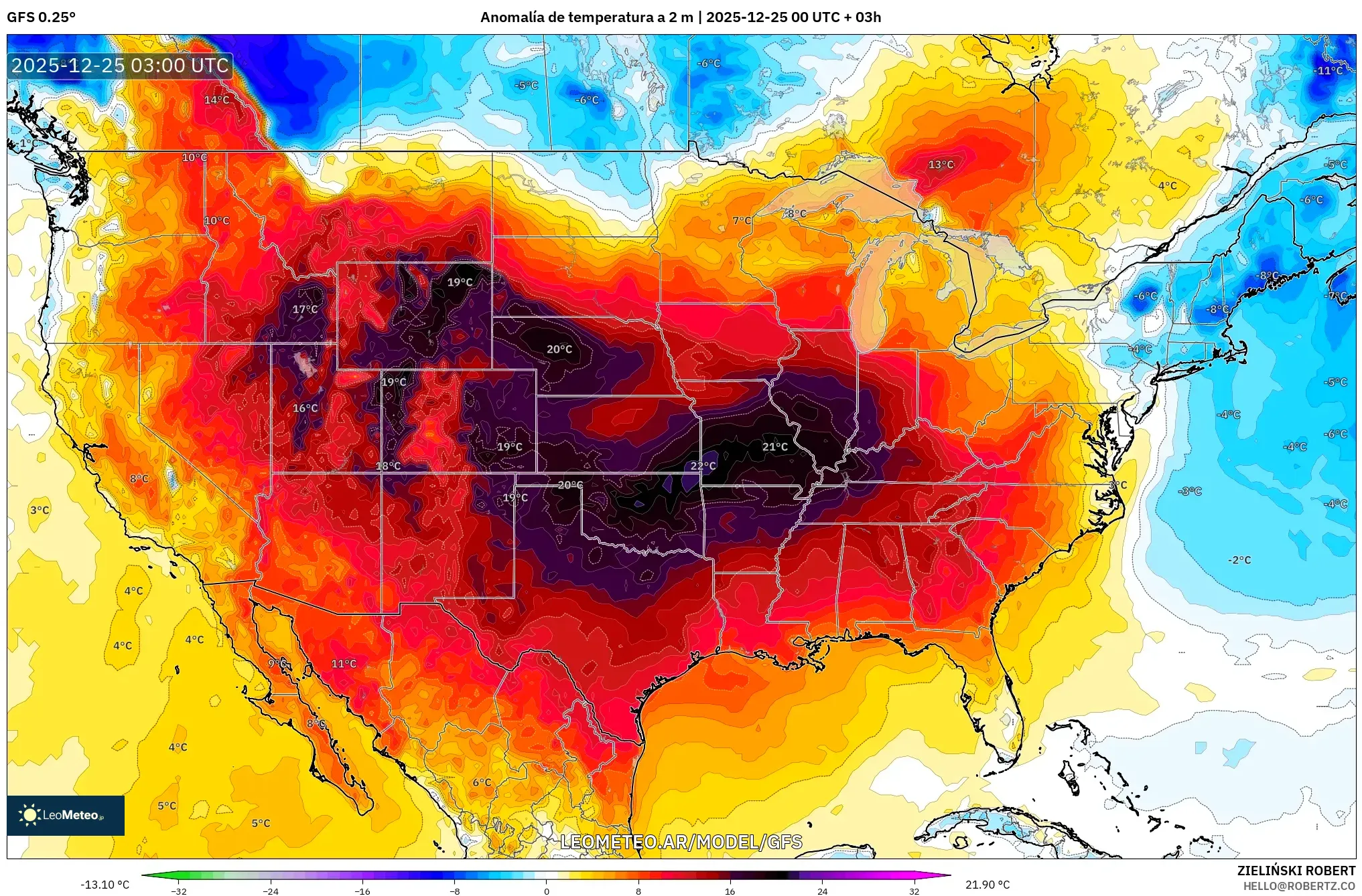 GFS model - Stany Zjednoczone, Anomalia temperatury na 2 m