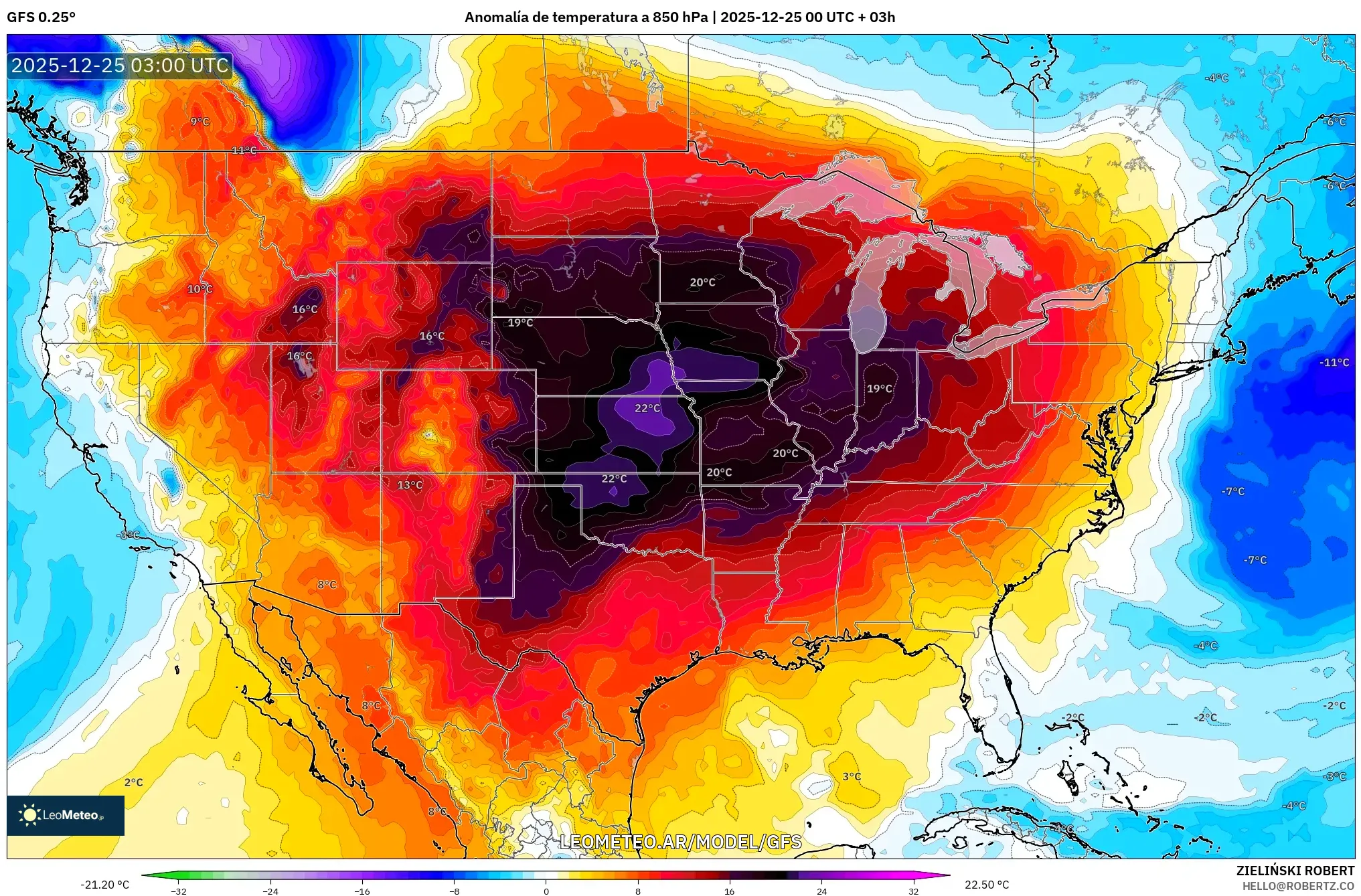 GFS model - Stany Zjednoczone, Anomalia temperatury na 850 hPa