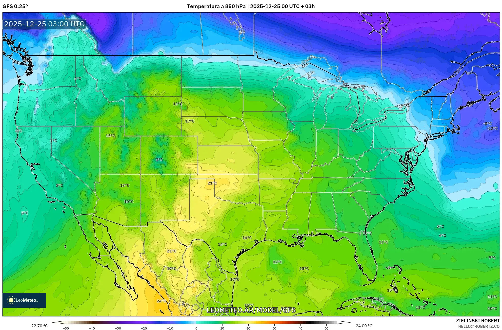 GFS model - Stany Zjednoczone, Temperatura na 850 hPa