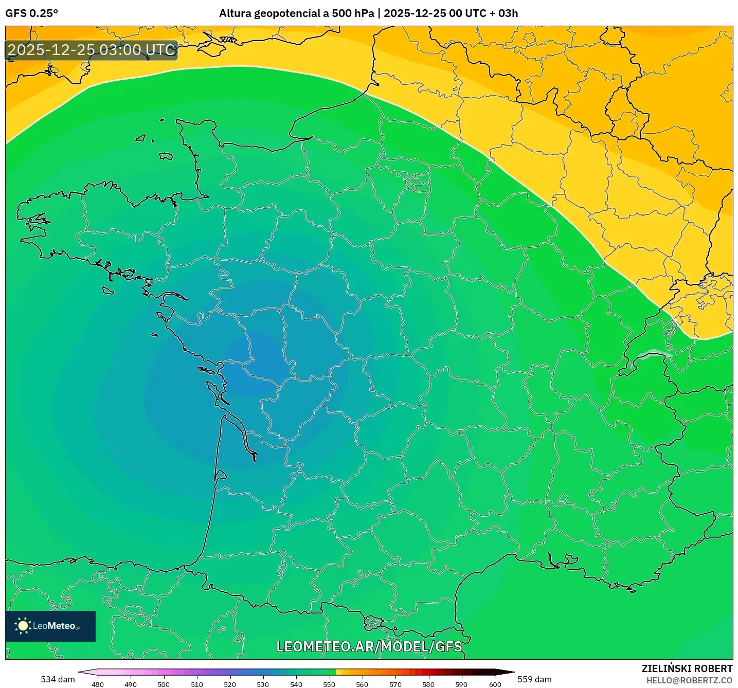 GFS model - Francja, Wysokość geopotencjalna na poziomie 500 hPa