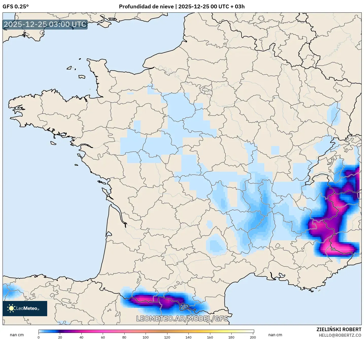 GFS model - Francja, Pokrywa śnieżna