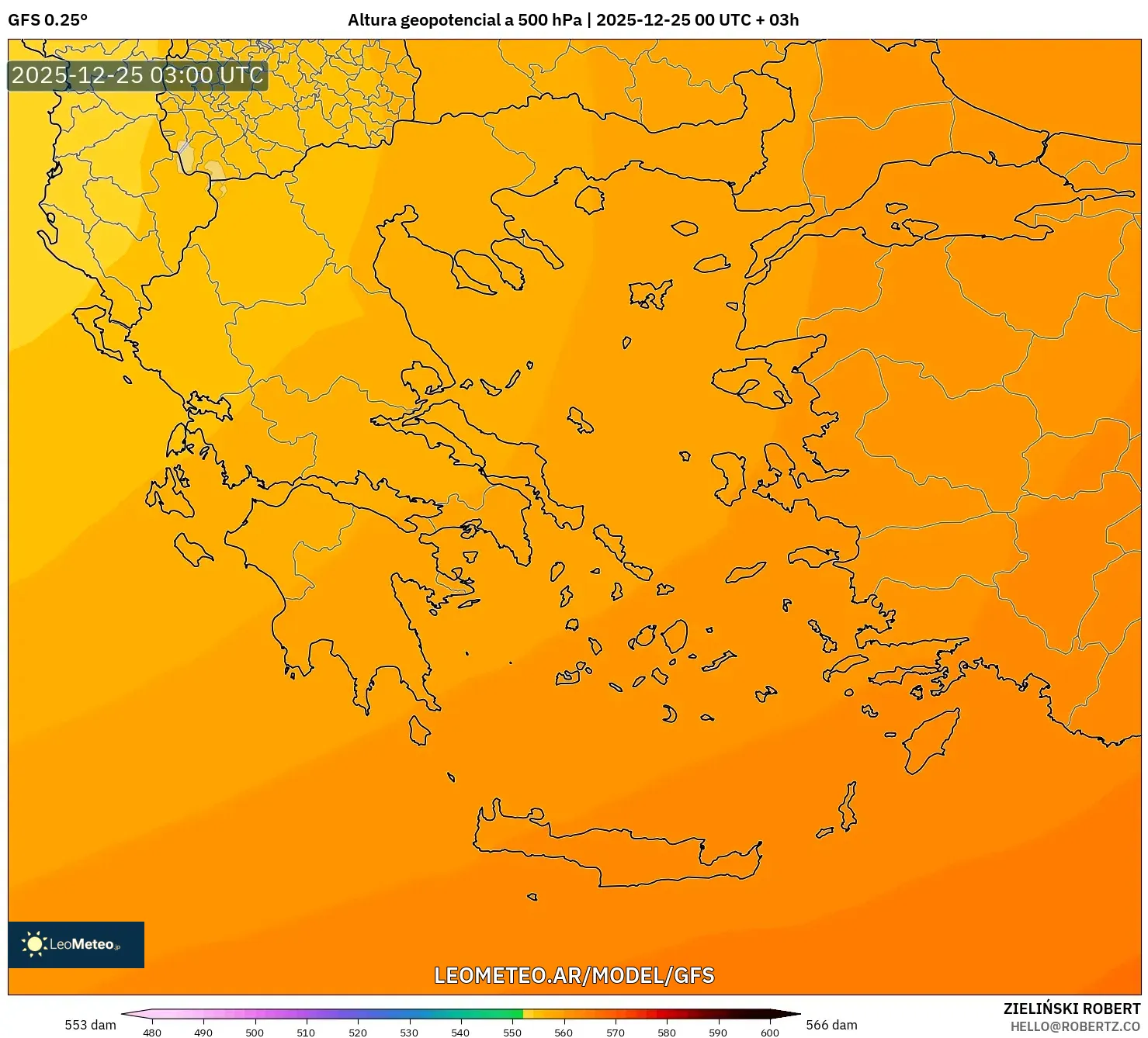 GFS model - Grecja, Wysokość geopotencjalna na poziomie 500 hPa