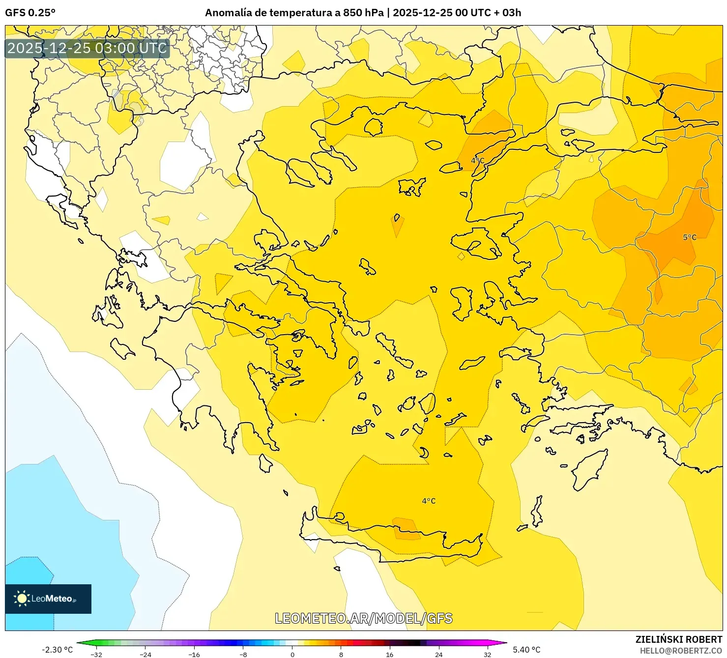 GFS model - Grecja, Anomalia temperatury na 850 hPa