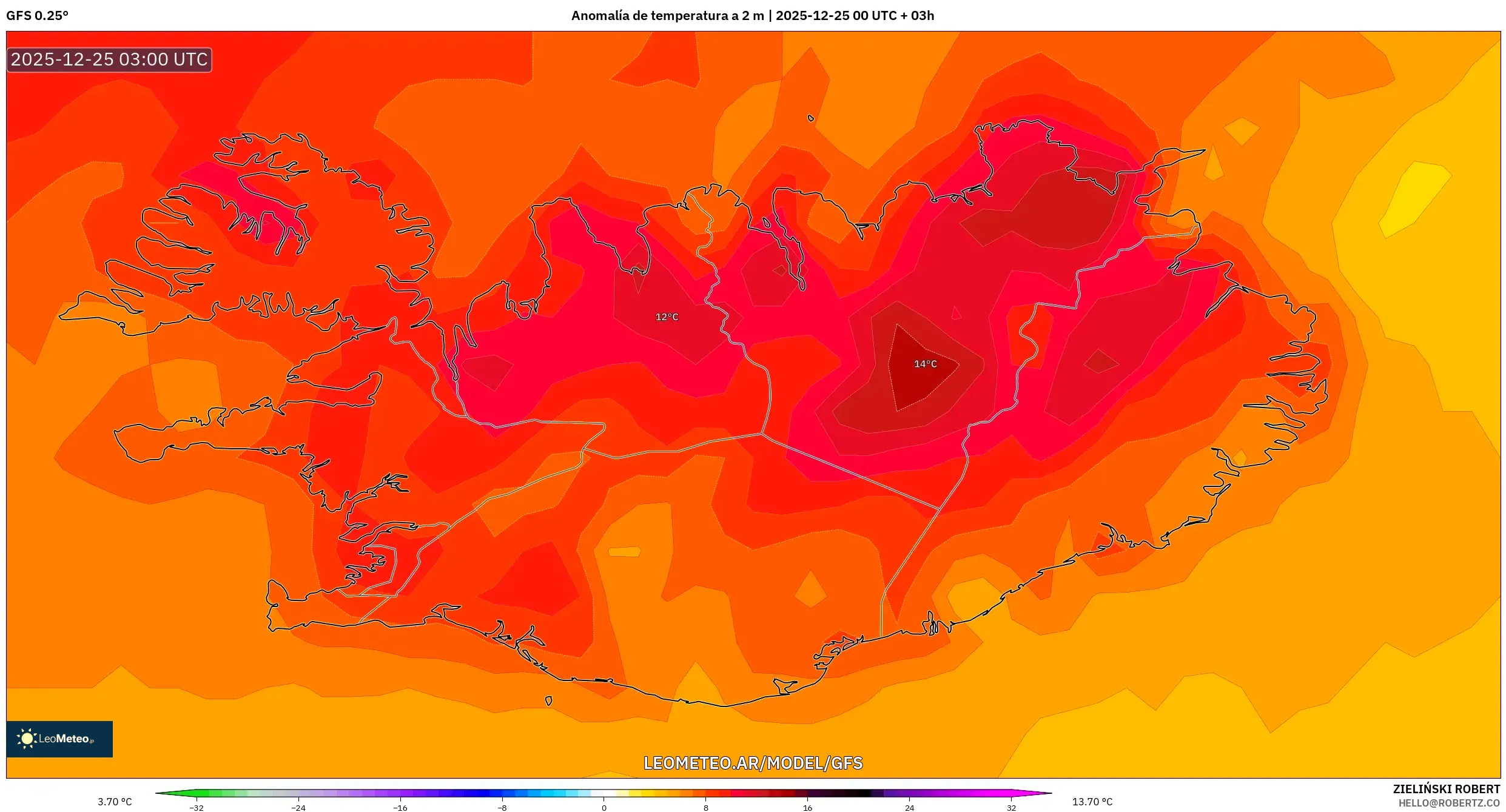 GFS model - Islandia, Anomalia temperatury na 2 m