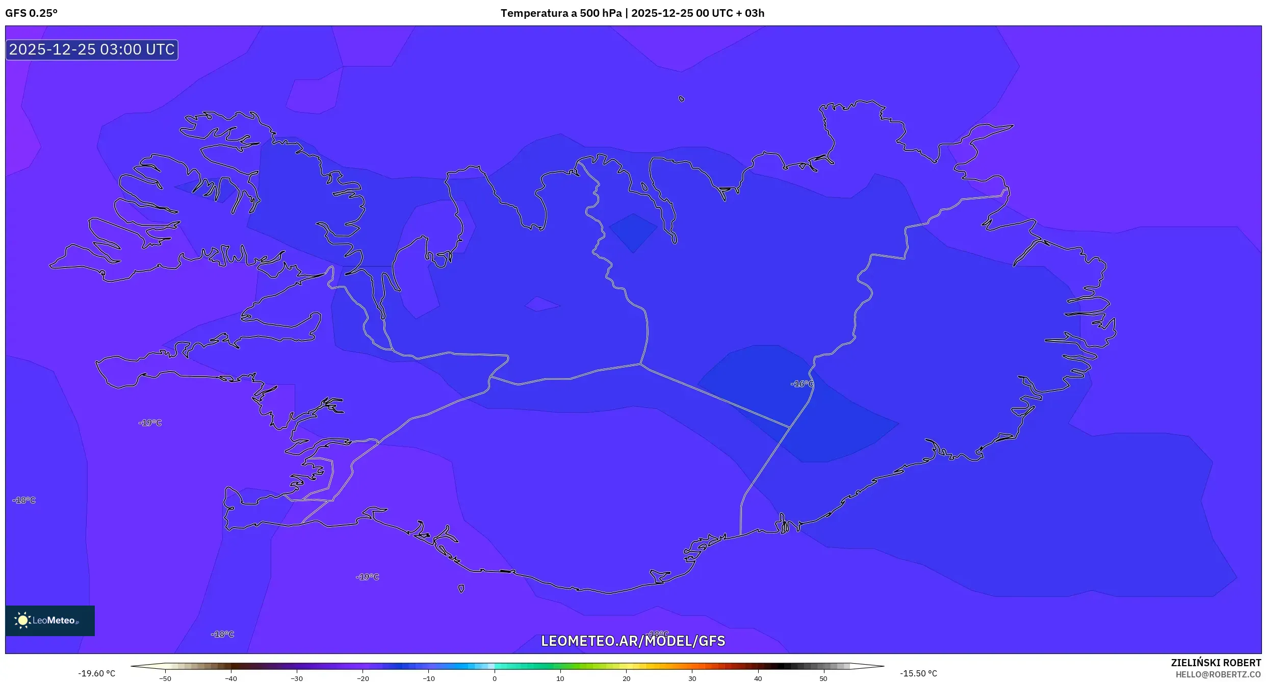 GFS model - Islandia, Temperatura na 500 hPa
