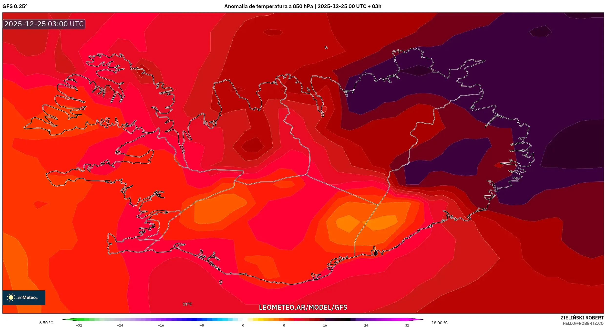 GFS model - Islandia, Anomalia temperatury na 850 hPa