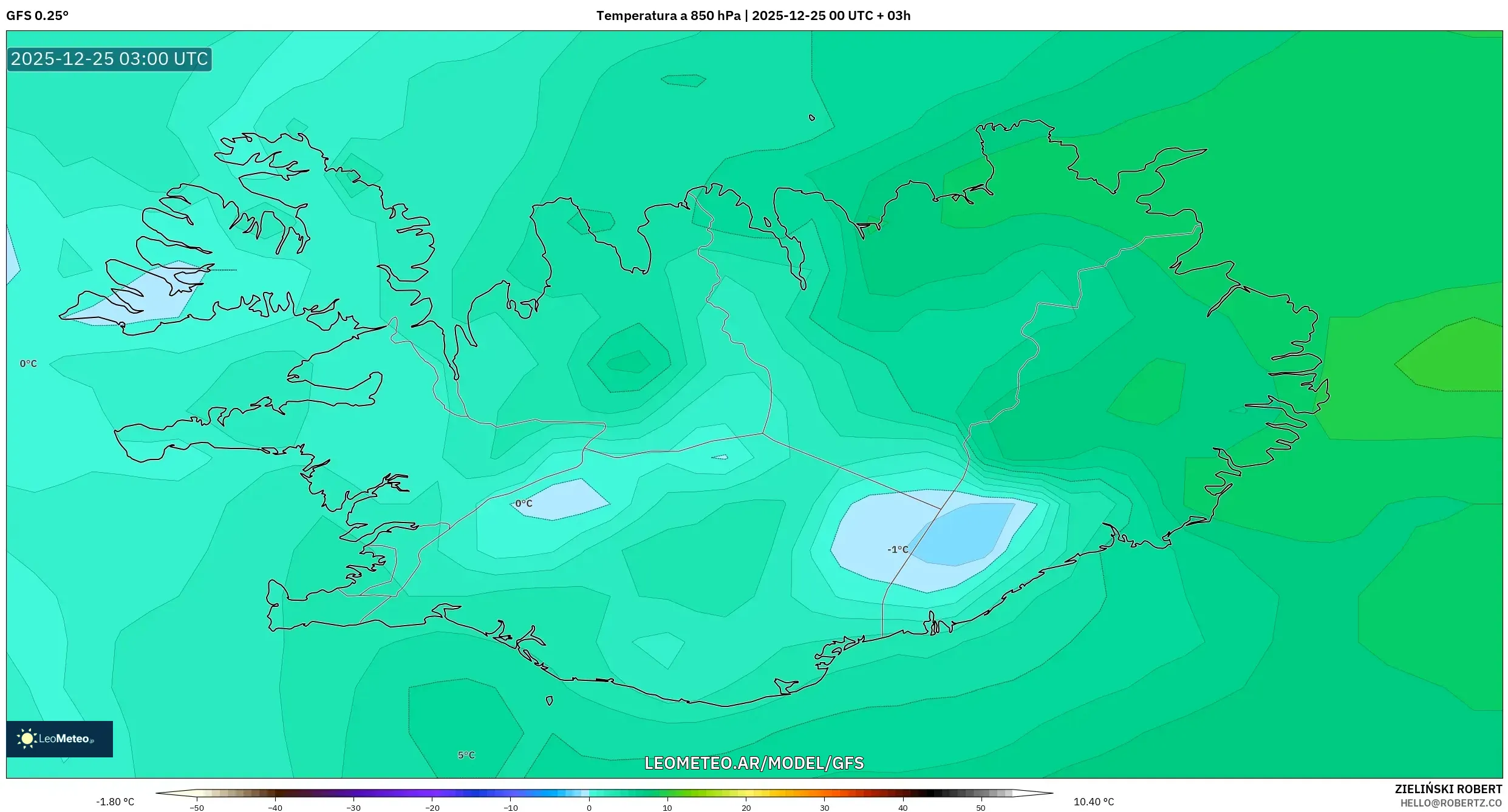 GFS model - Islandia, Temperatura na 850 hPa