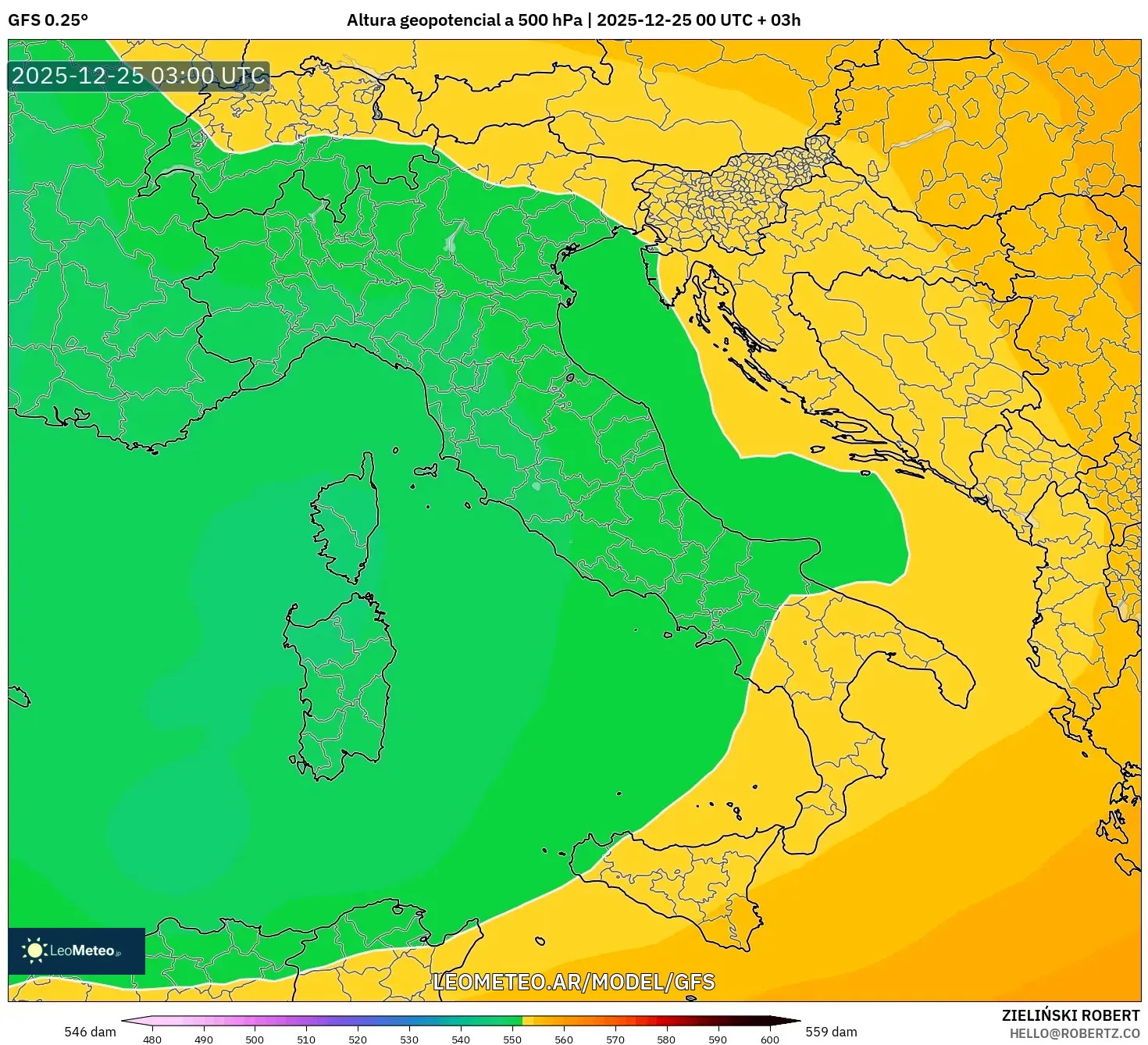 GFS model - Włochy, Wysokość geopotencjalna na poziomie 500 hPa