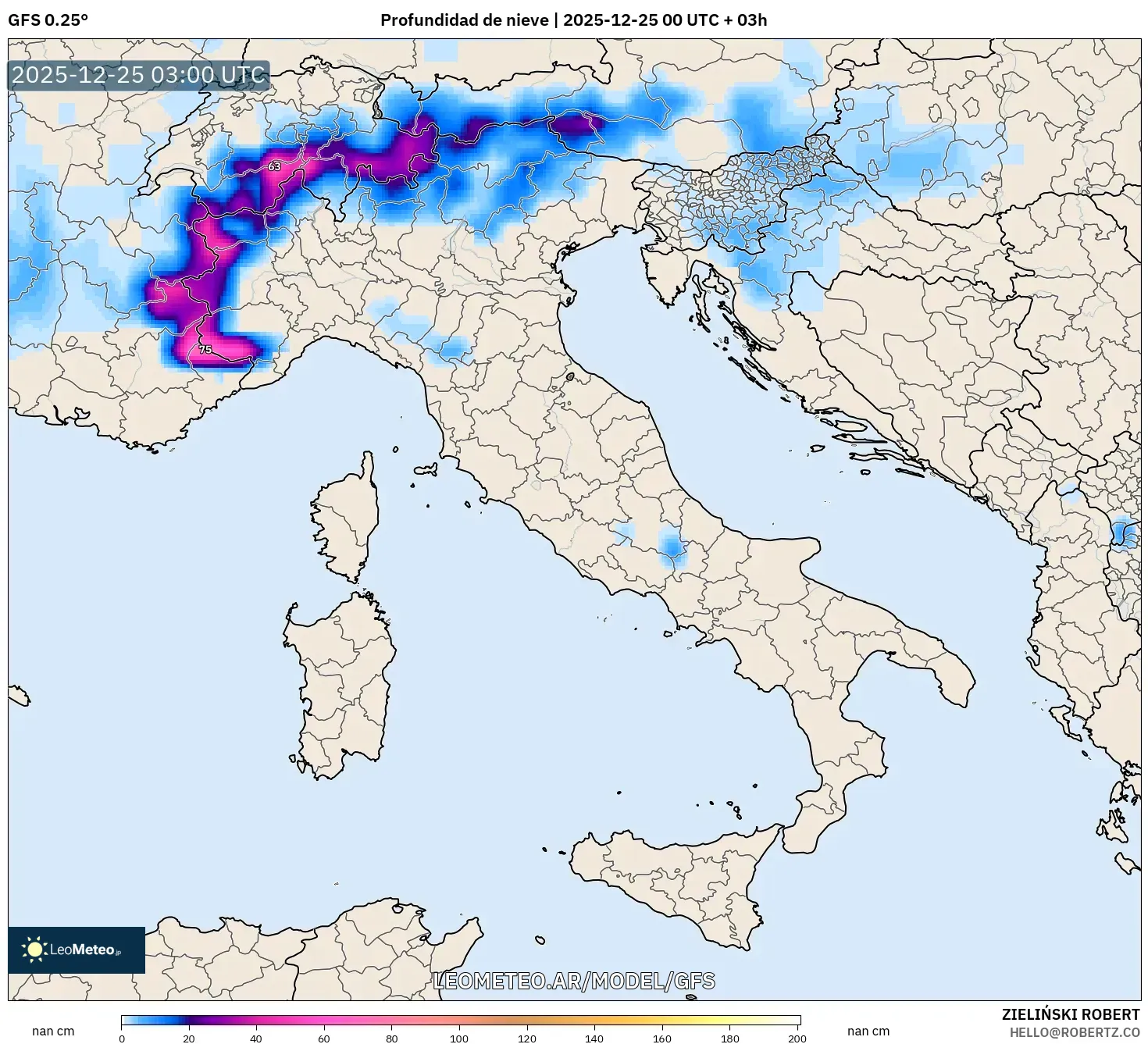 GFS model - Włochy, Pokrywa śnieżna