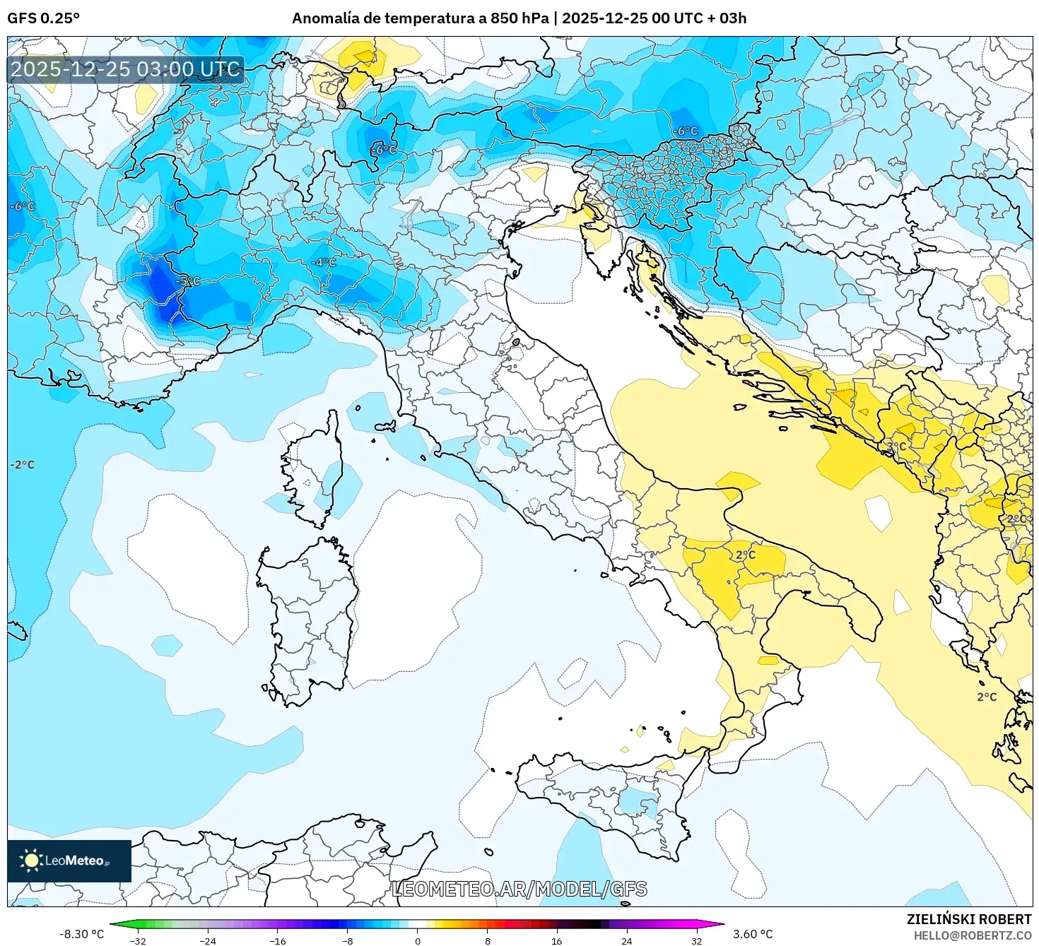 GFS model - Włochy, Anomalia temperatury na 850 hPa