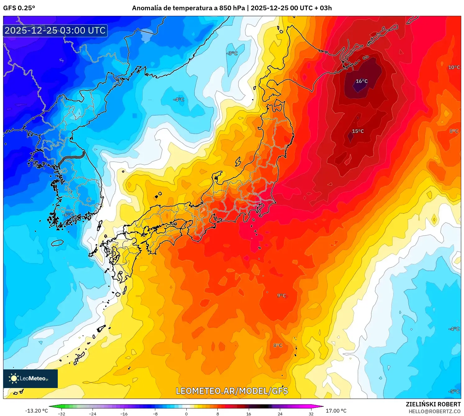 GFS model - Japonia, Anomalia temperatury na 850 hPa