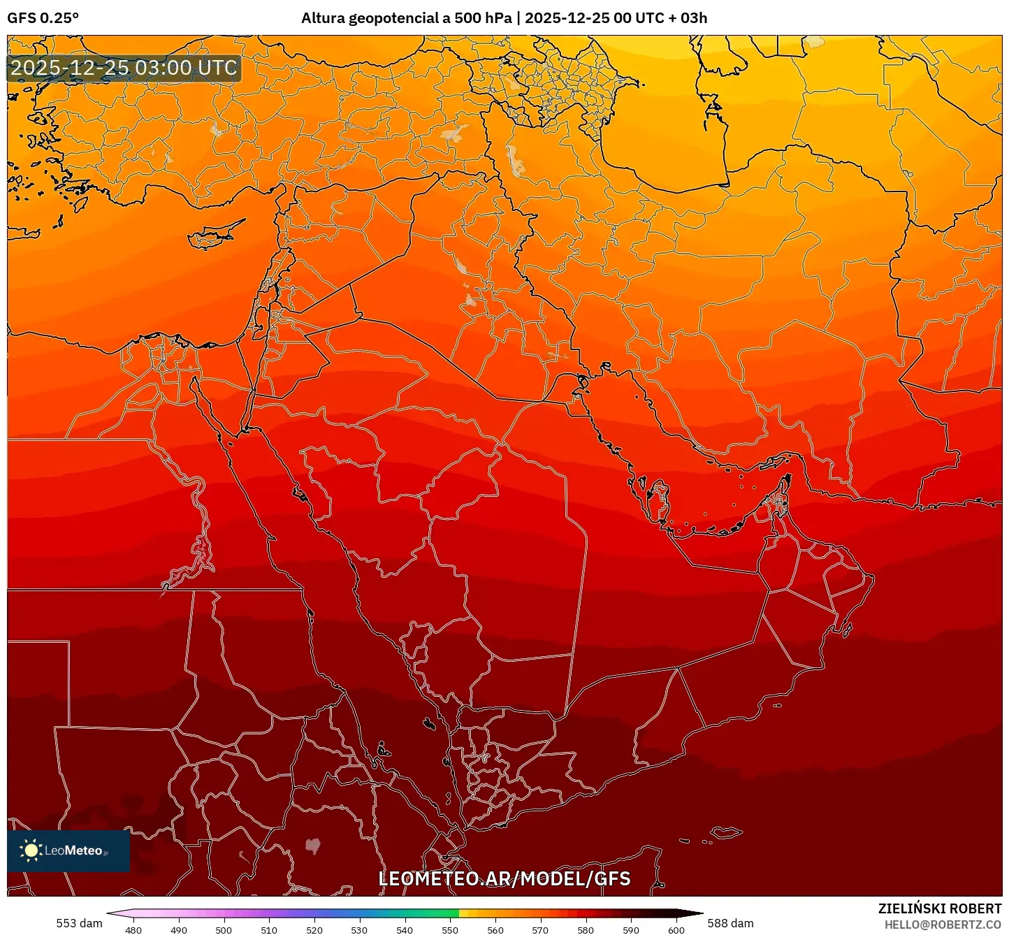 GFS model - Bliski Wschód, Wysokość geopotencjalna na poziomie 500 hPa