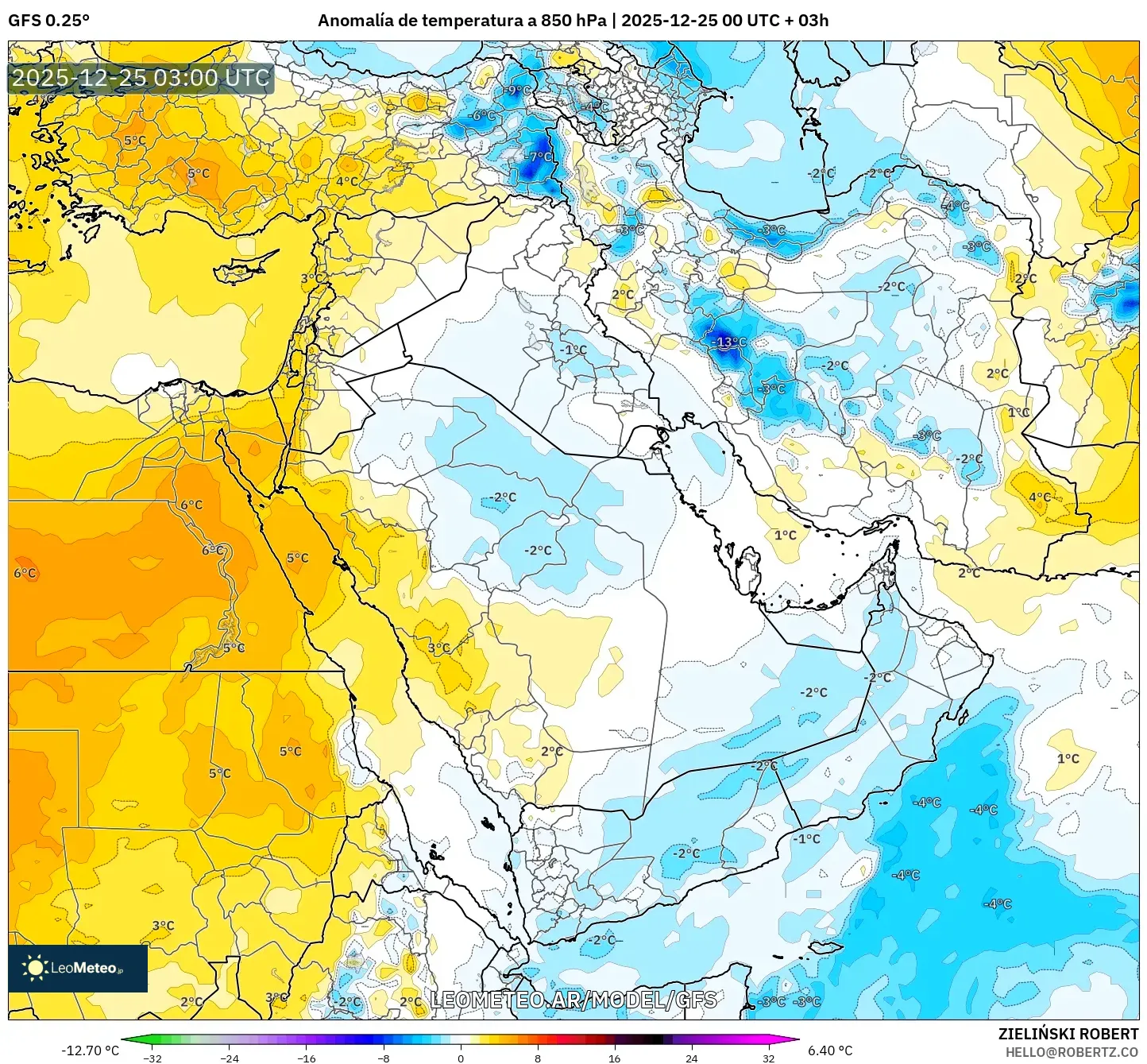 GFS model - Bliski Wschód, Anomalia temperatury na 850 hPa