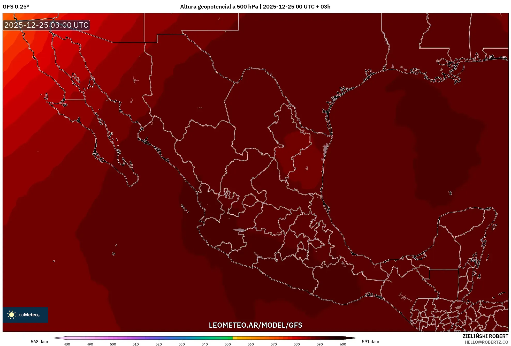 GFS model - Meksyk, Wysokość geopotencjalna na poziomie 500 hPa