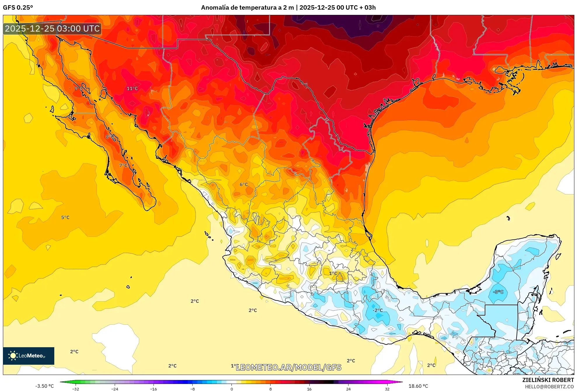 GFS model - Meksyk, Anomalia temperatury na 2 m