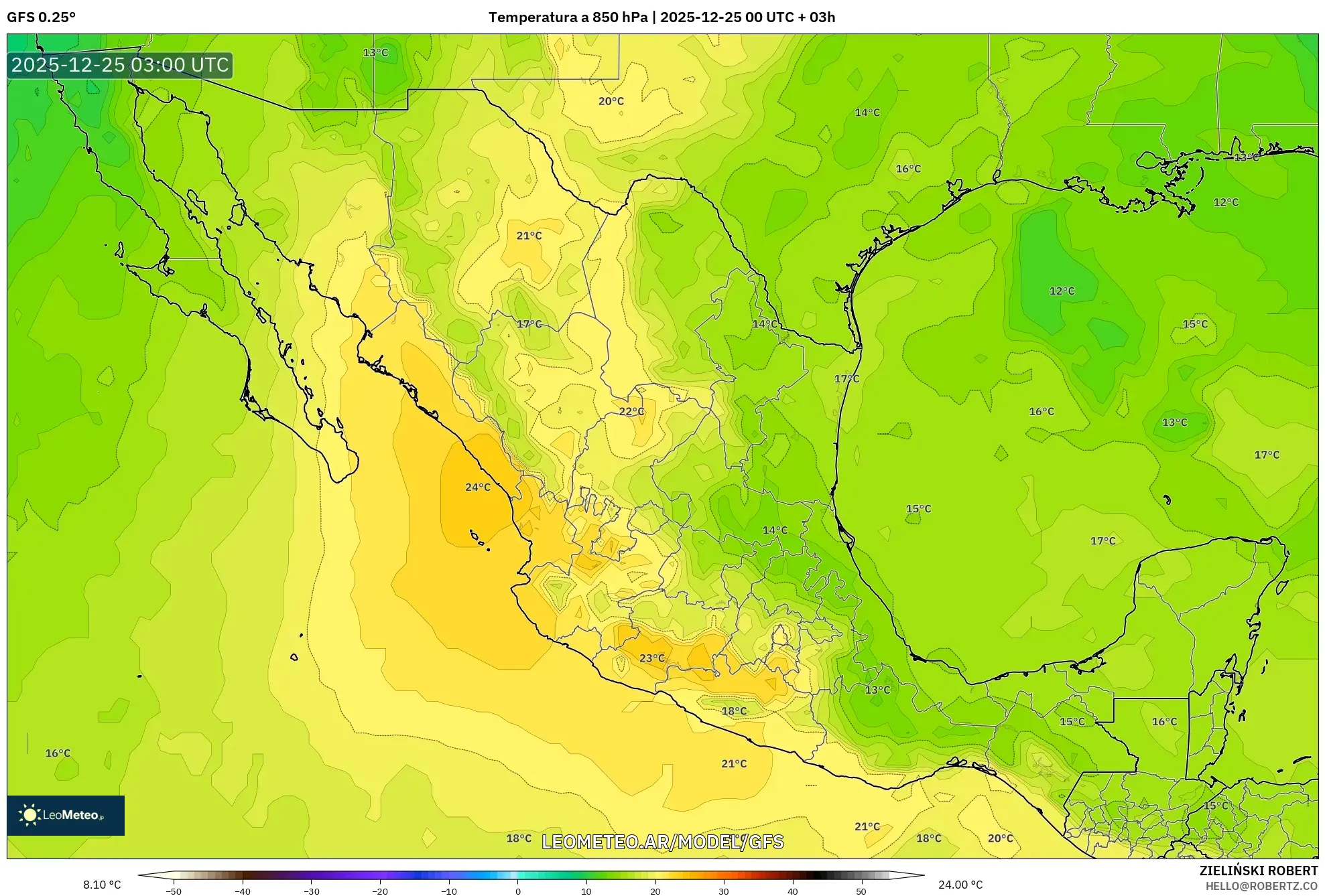 GFS model - Meksyk, Temperatura na 850 hPa