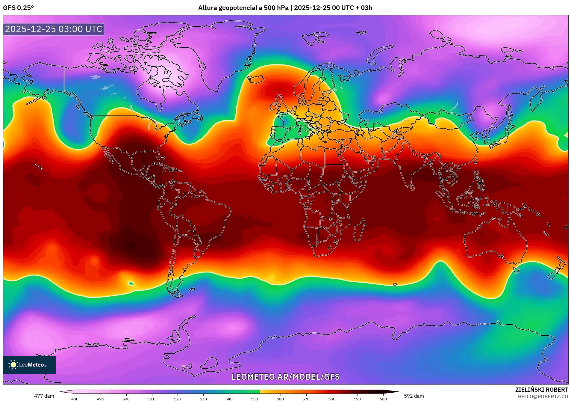 GFS model - Świat, Wysokość geopotencjalna na poziomie 500 hPa
