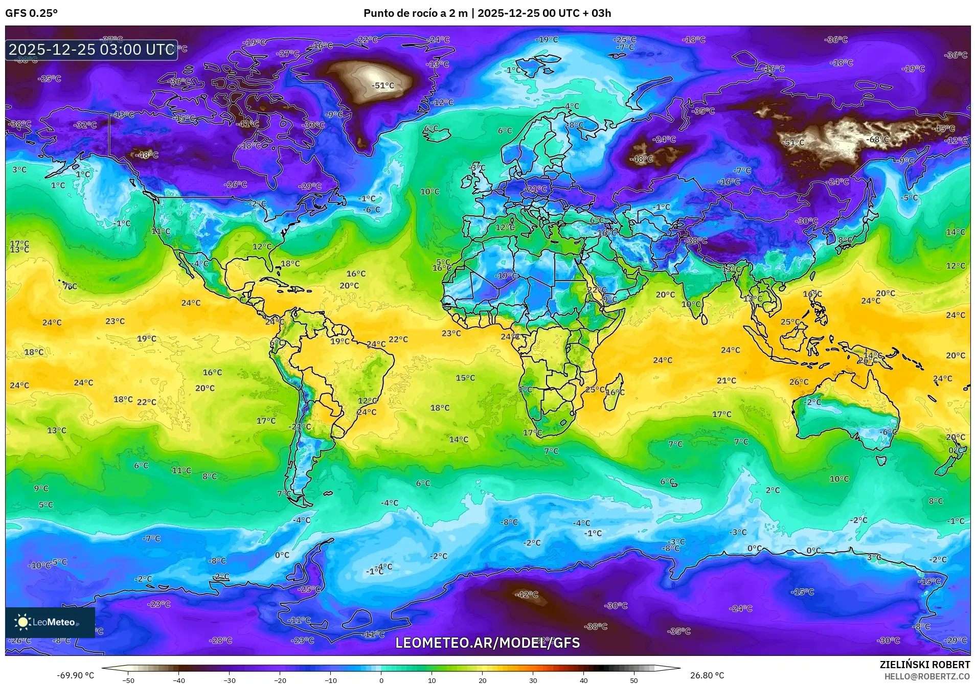 GFS model - Świat, Punkt rosy na 2 m