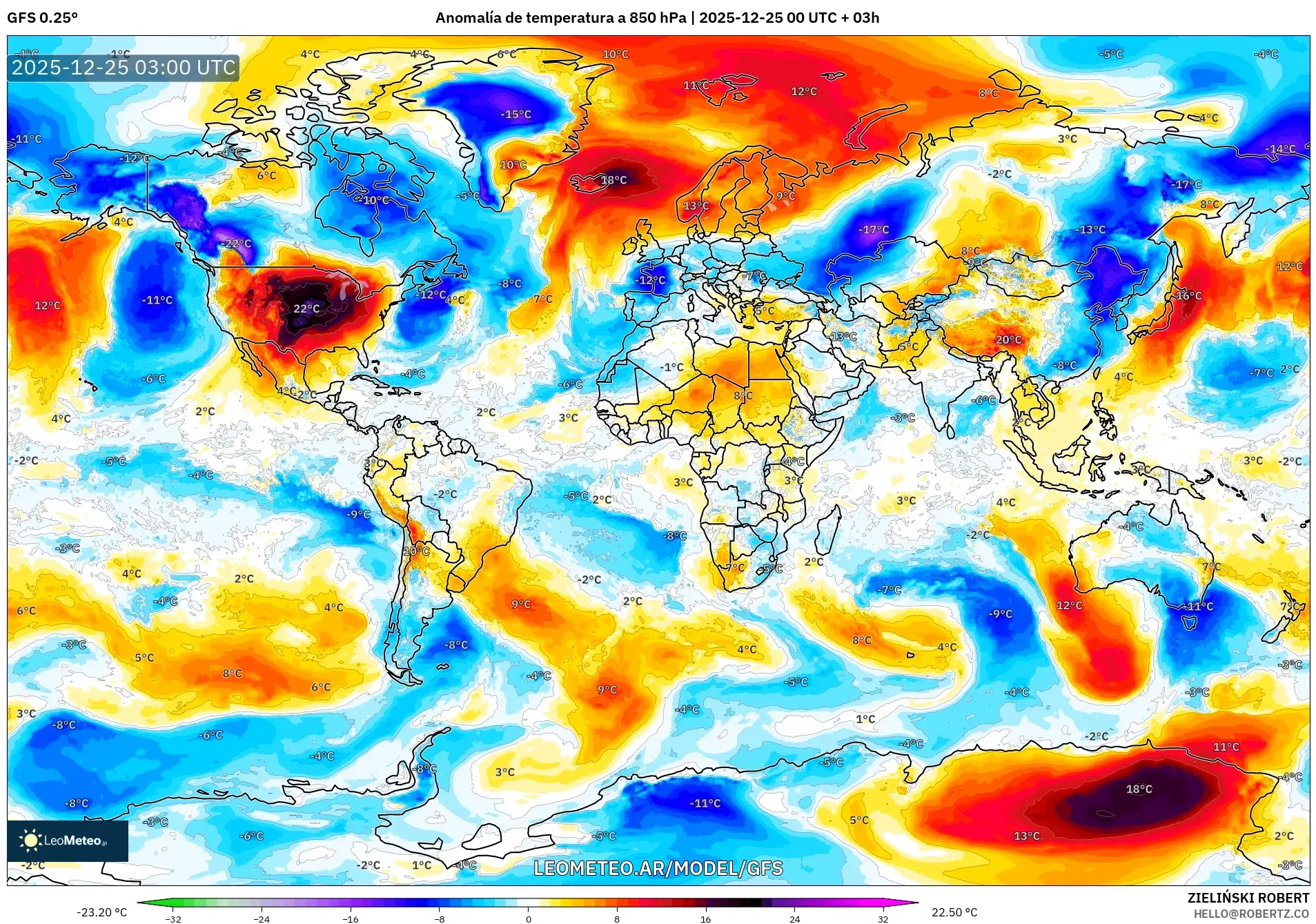 GFS model - Świat, Anomalia temperatury na 850 hPa