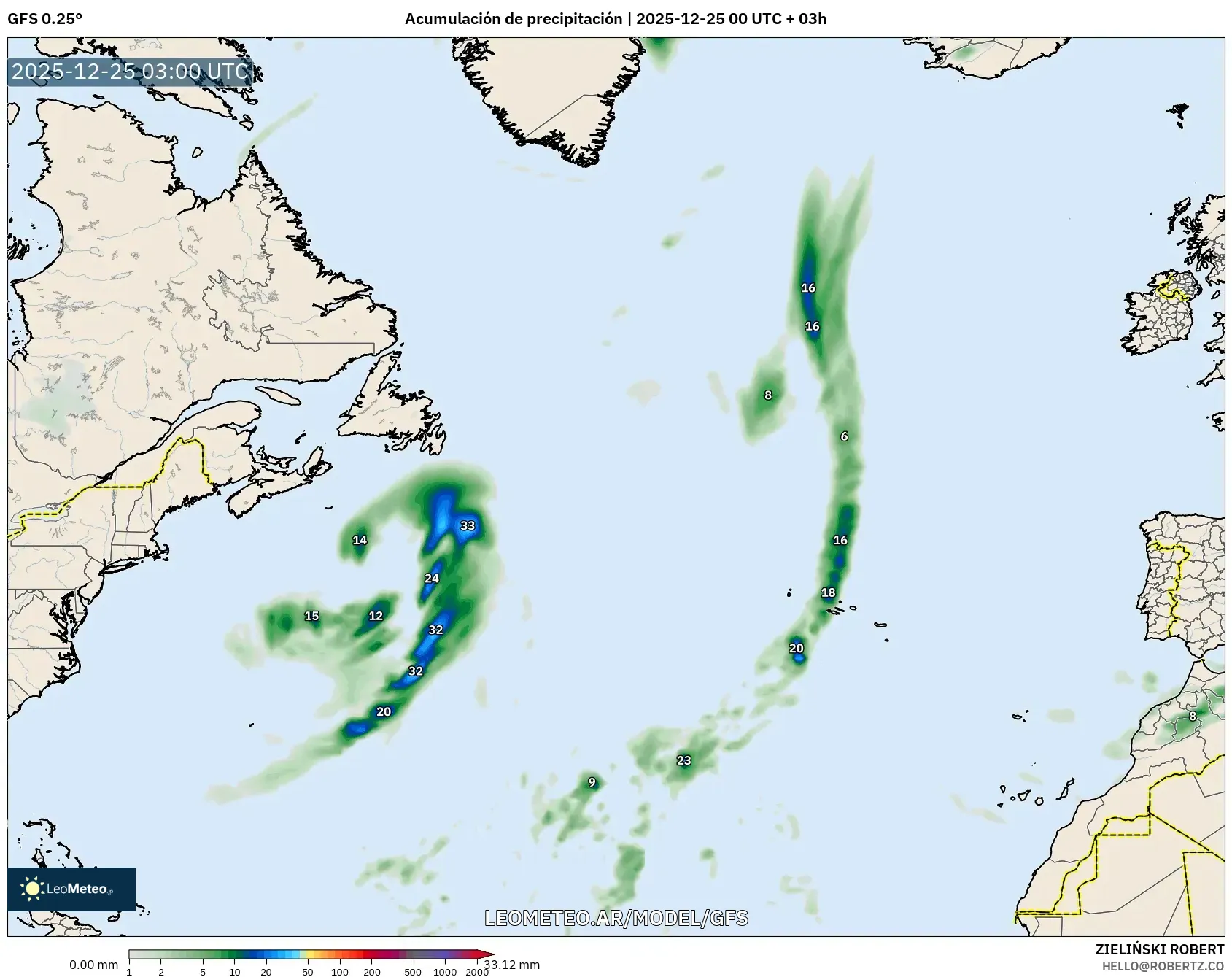 GFS model - Atlantyk Północny, Suma opadów