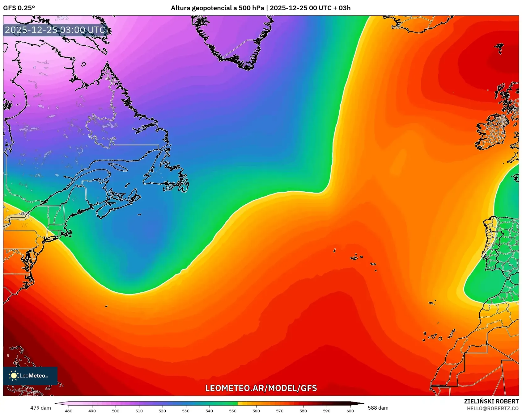 GFS model - Atlantyk Północny, Wysokość geopotencjalna na poziomie 500 hPa