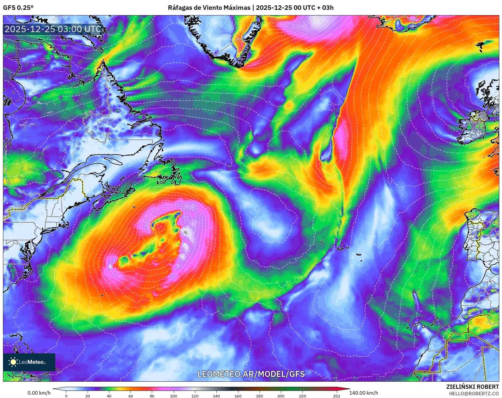 GFS model - Atlantyk Północny, Maksymalne Porywy Wiatru