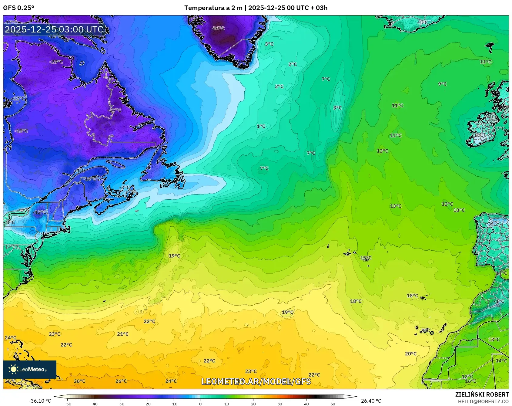 GFS model - Atlantyk Północny, Temperatura na 2 m