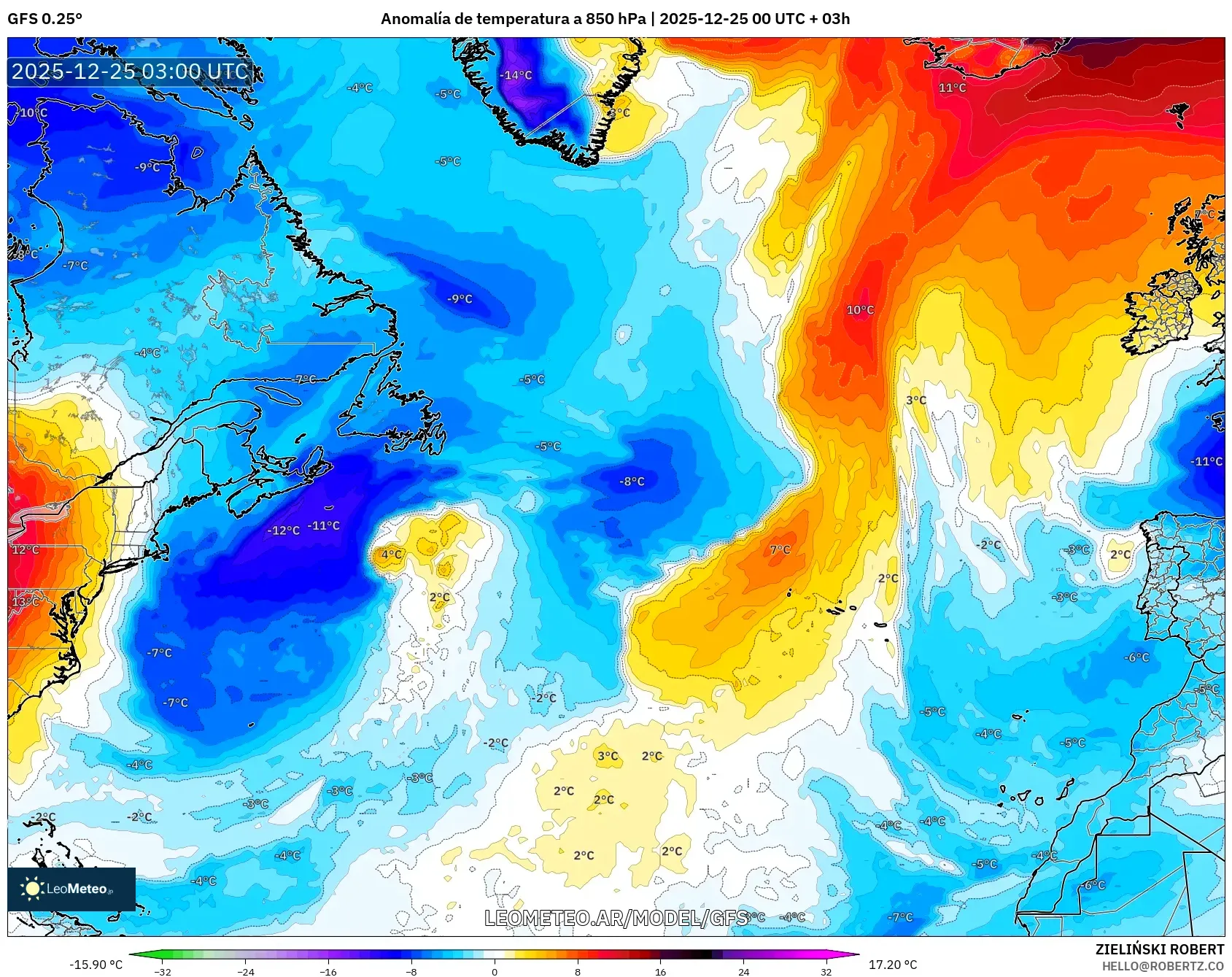 GFS model - Atlantyk Północny, Anomalia temperatury na 850 hPa