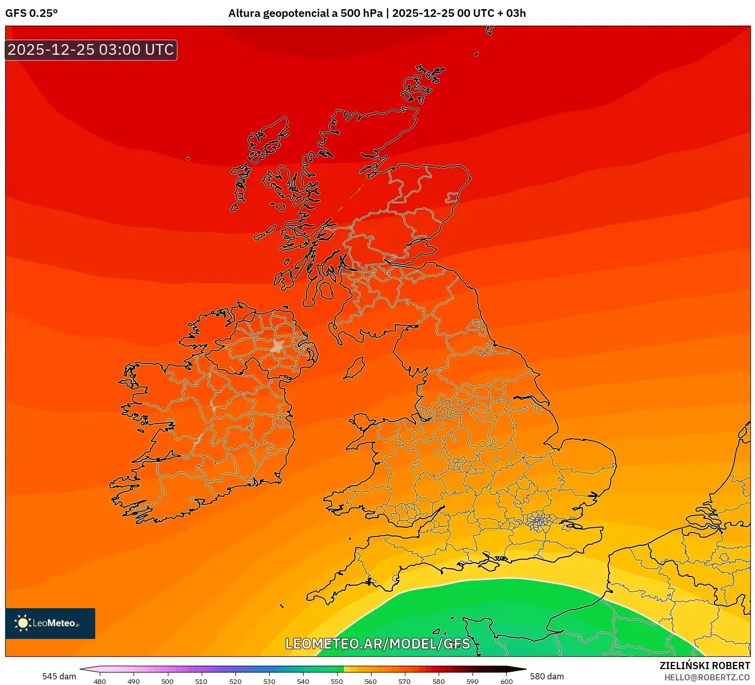 GFS model - Wielka Brytania, Wysokość geopotencjalna na poziomie 500 hPa