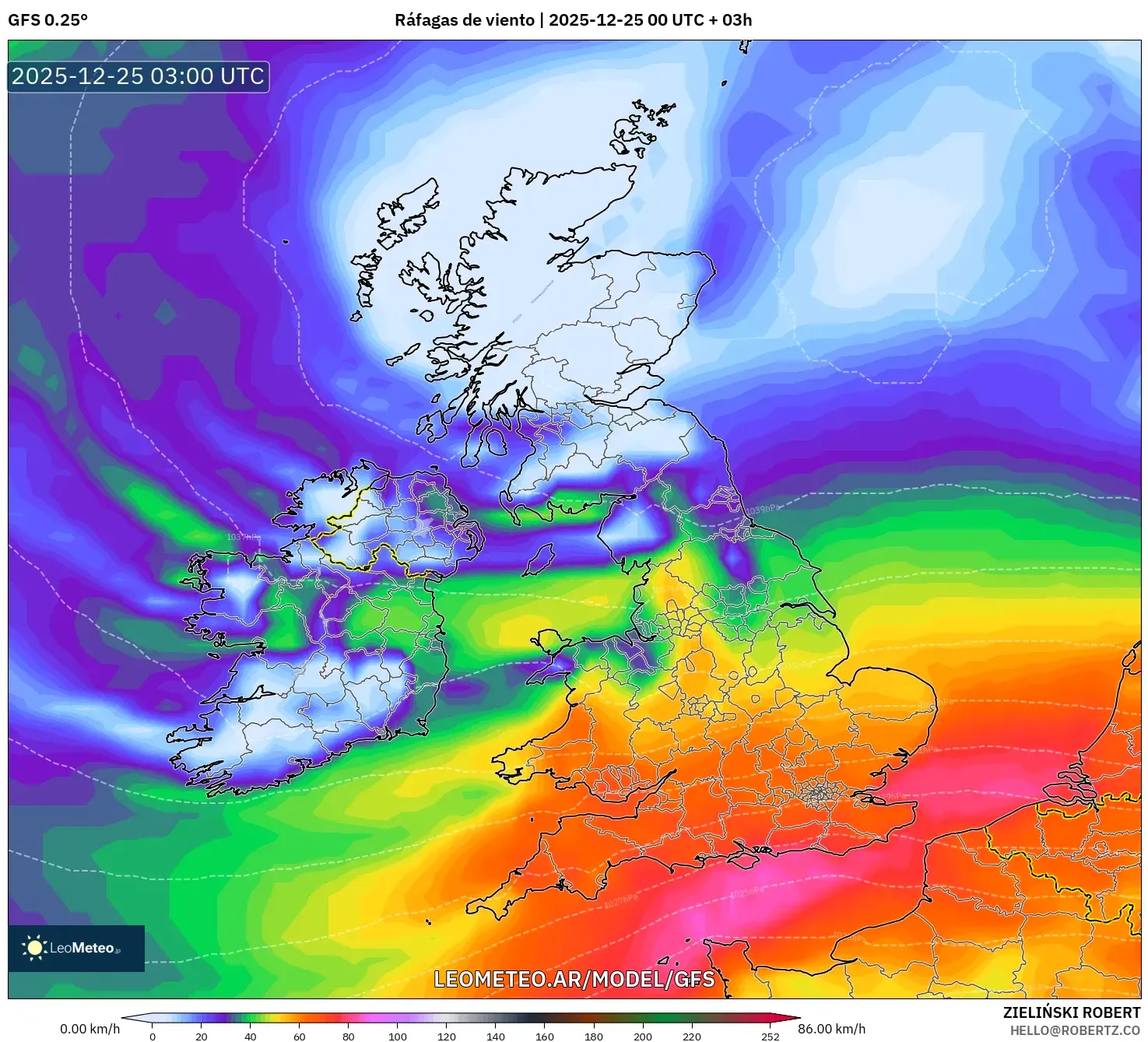GFS model - Wielka Brytania, Porywy wiatru